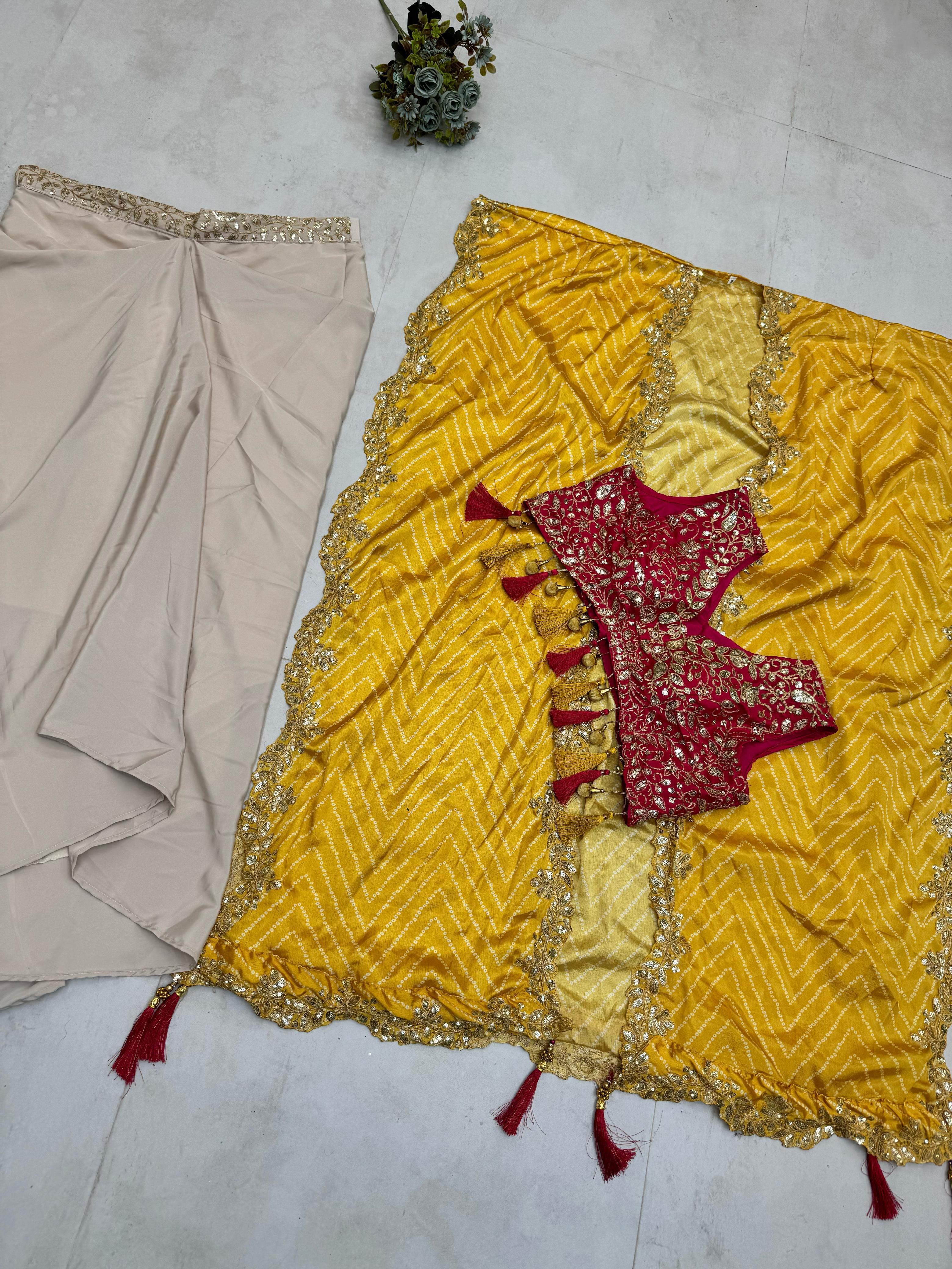 Three Piece Western Outfit - Embroidered Tube Blouse, Draped Skirt & Shrug