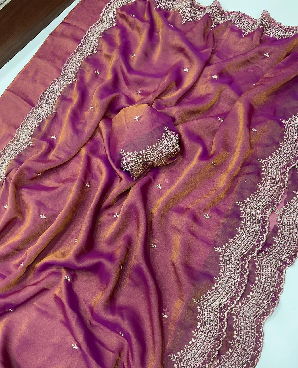 Fancy Satin Sequence Embroidery Work Saree with Running Blouse
