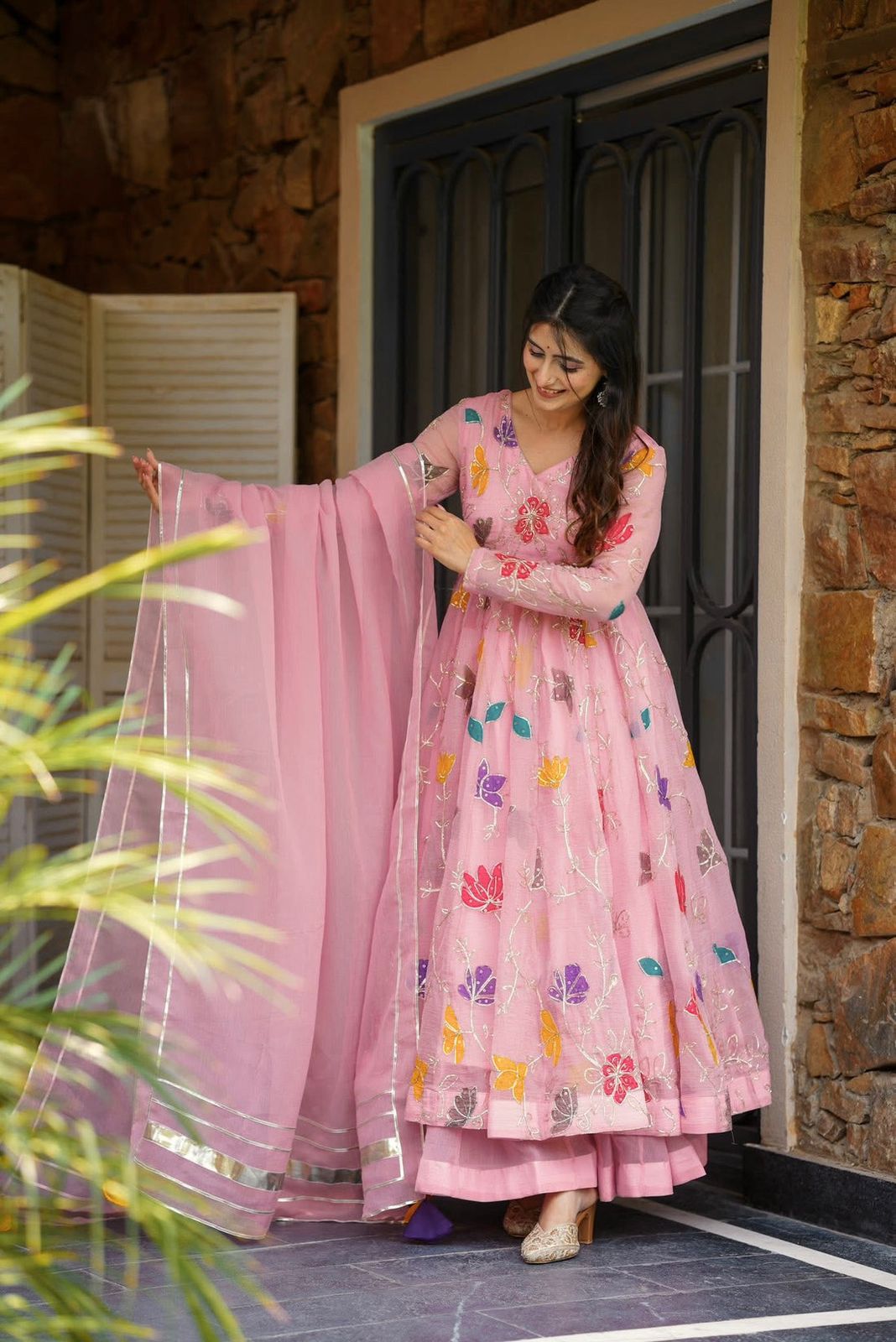 Designer Floral Embroidered Gown Sharara Set