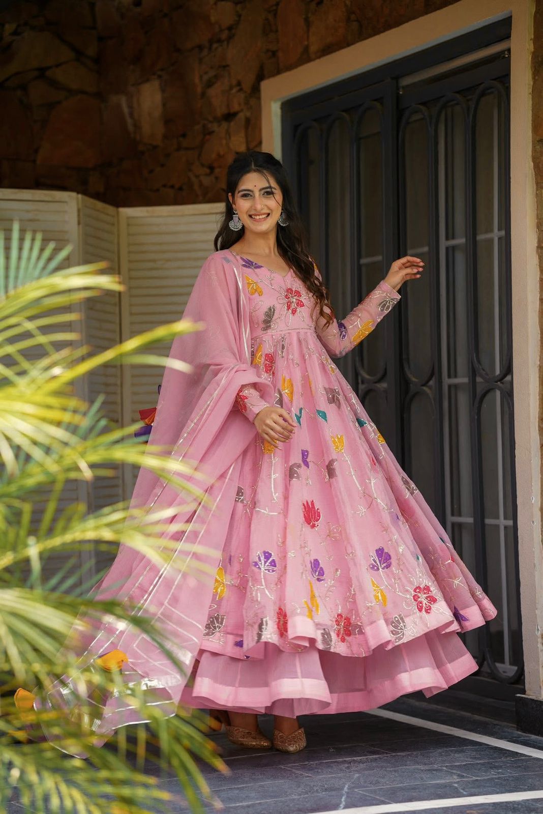 Designer Floral Embroidered Gown Sharara Set
