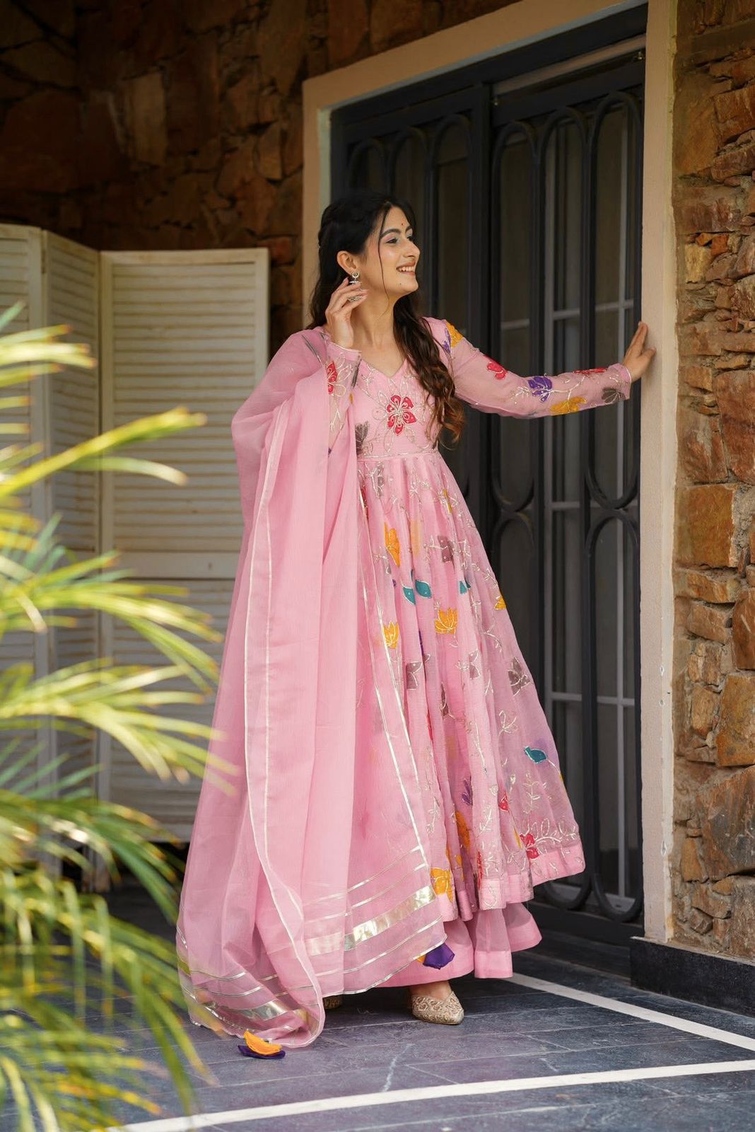 Designer Floral Embroidered Gown Sharara Set