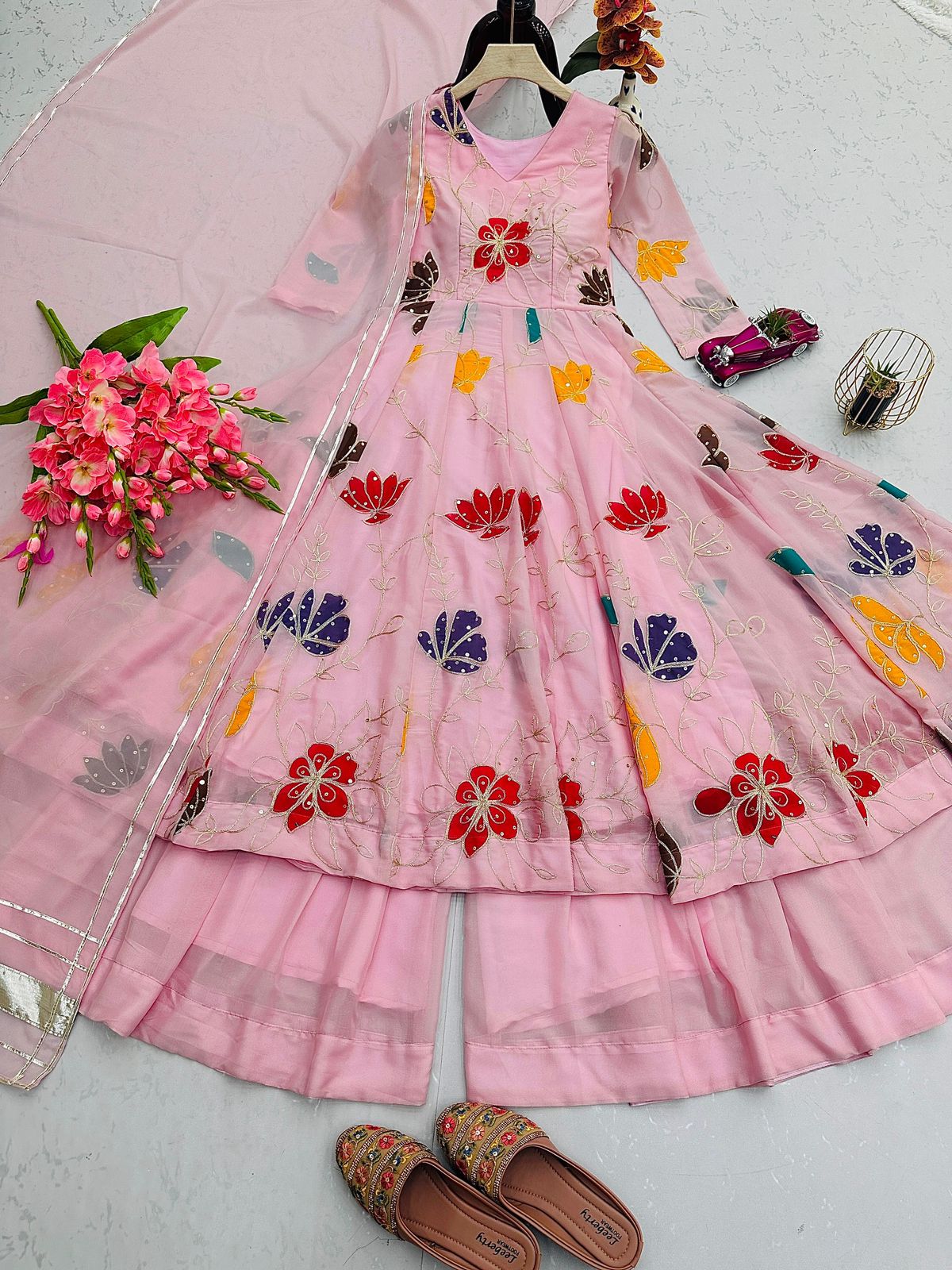 Designer Floral Embroidered Gown Sharara Set