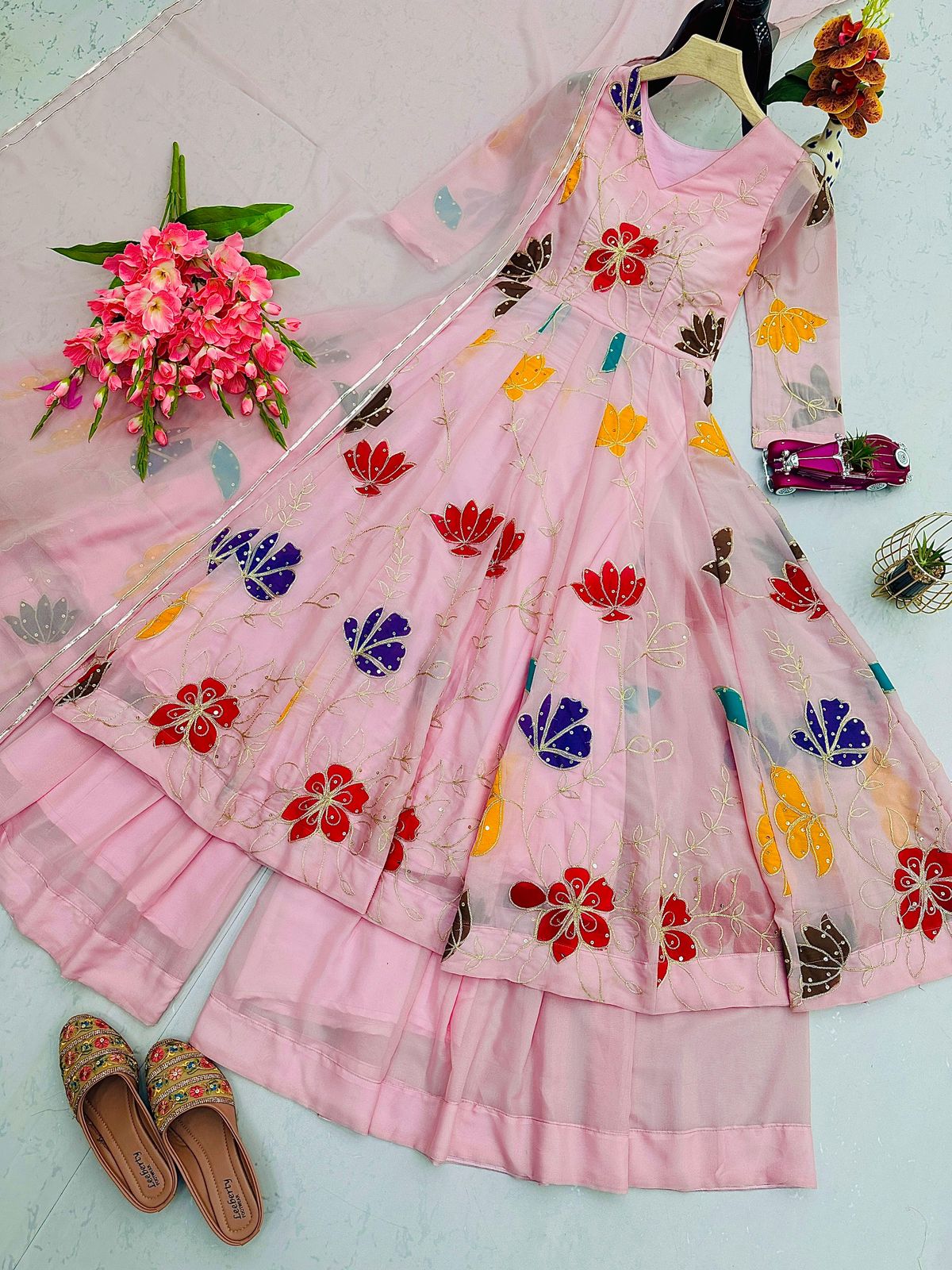 Designer Floral Embroidered Gown Sharara Set
