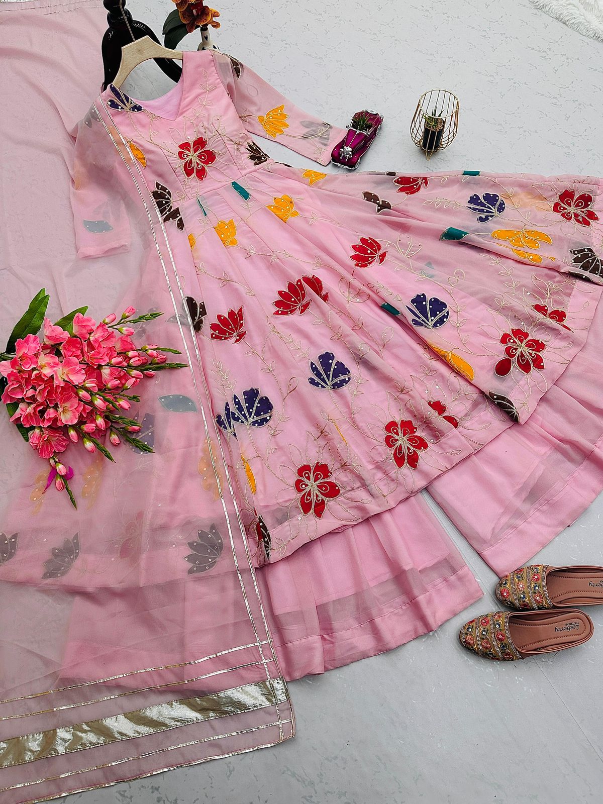 Designer Floral Embroidered Gown Sharara Set