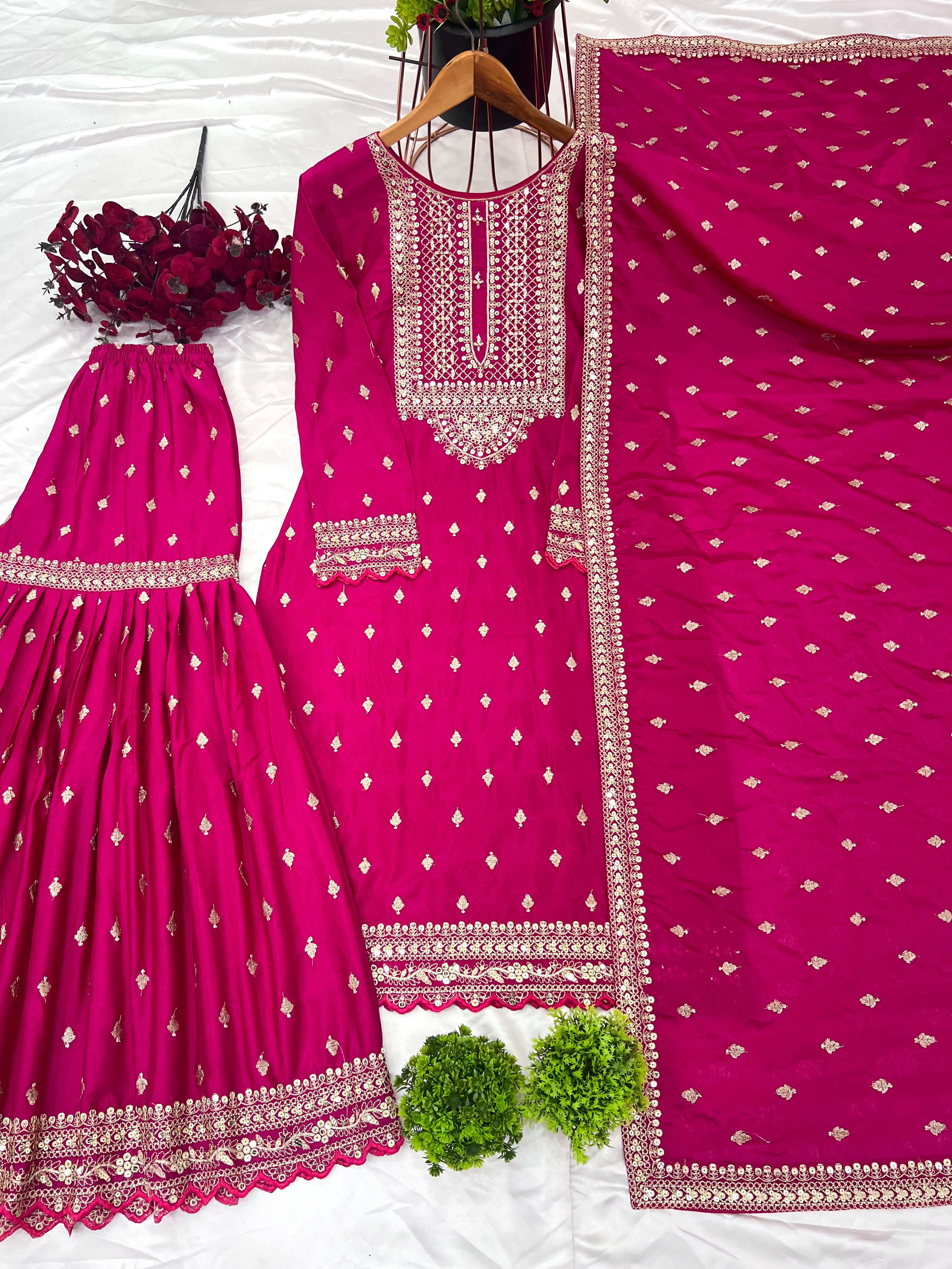 Designer Chinon Silk Embroidered Sharara Set