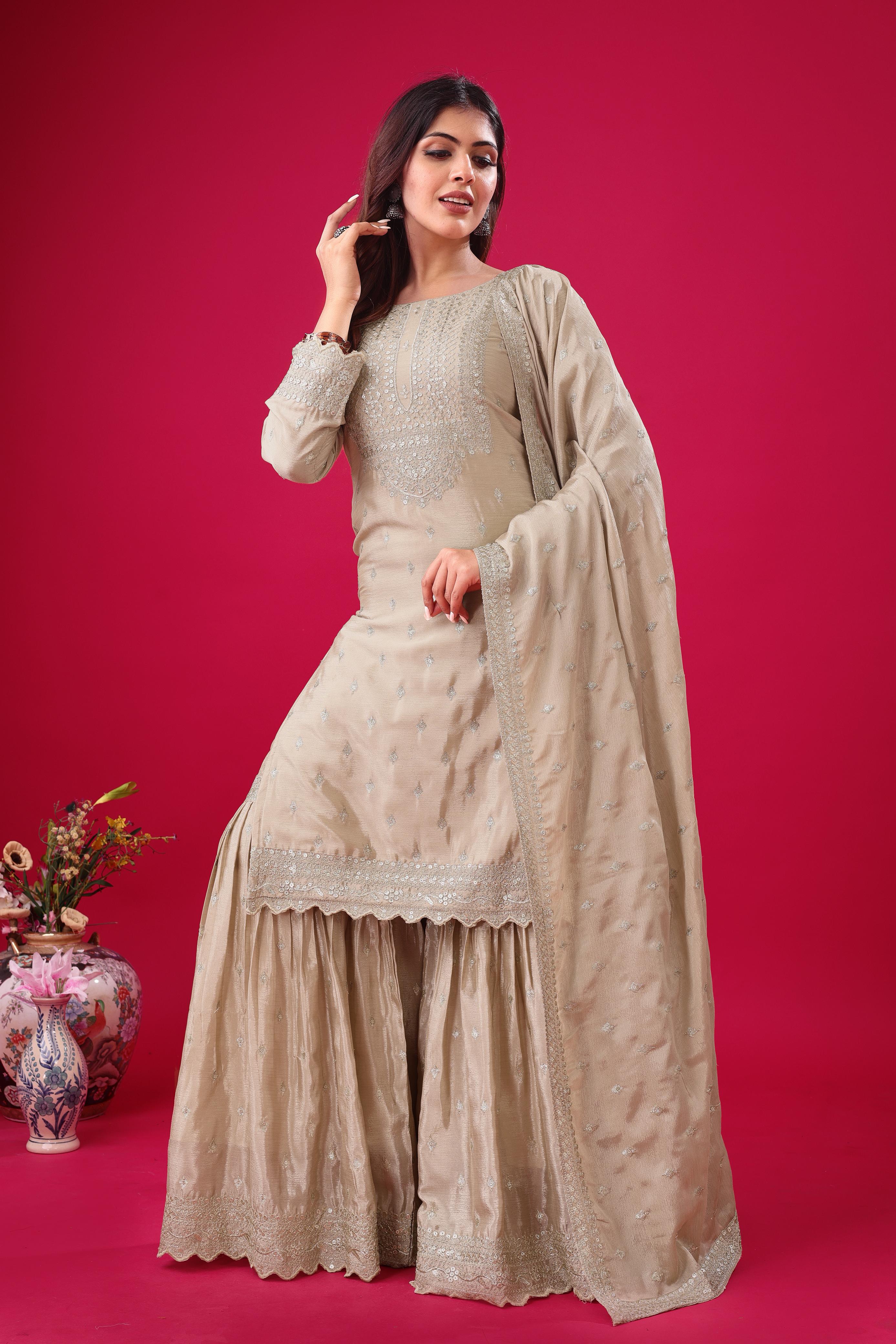 Designer Chinon Silk Embroidered Sharara Set