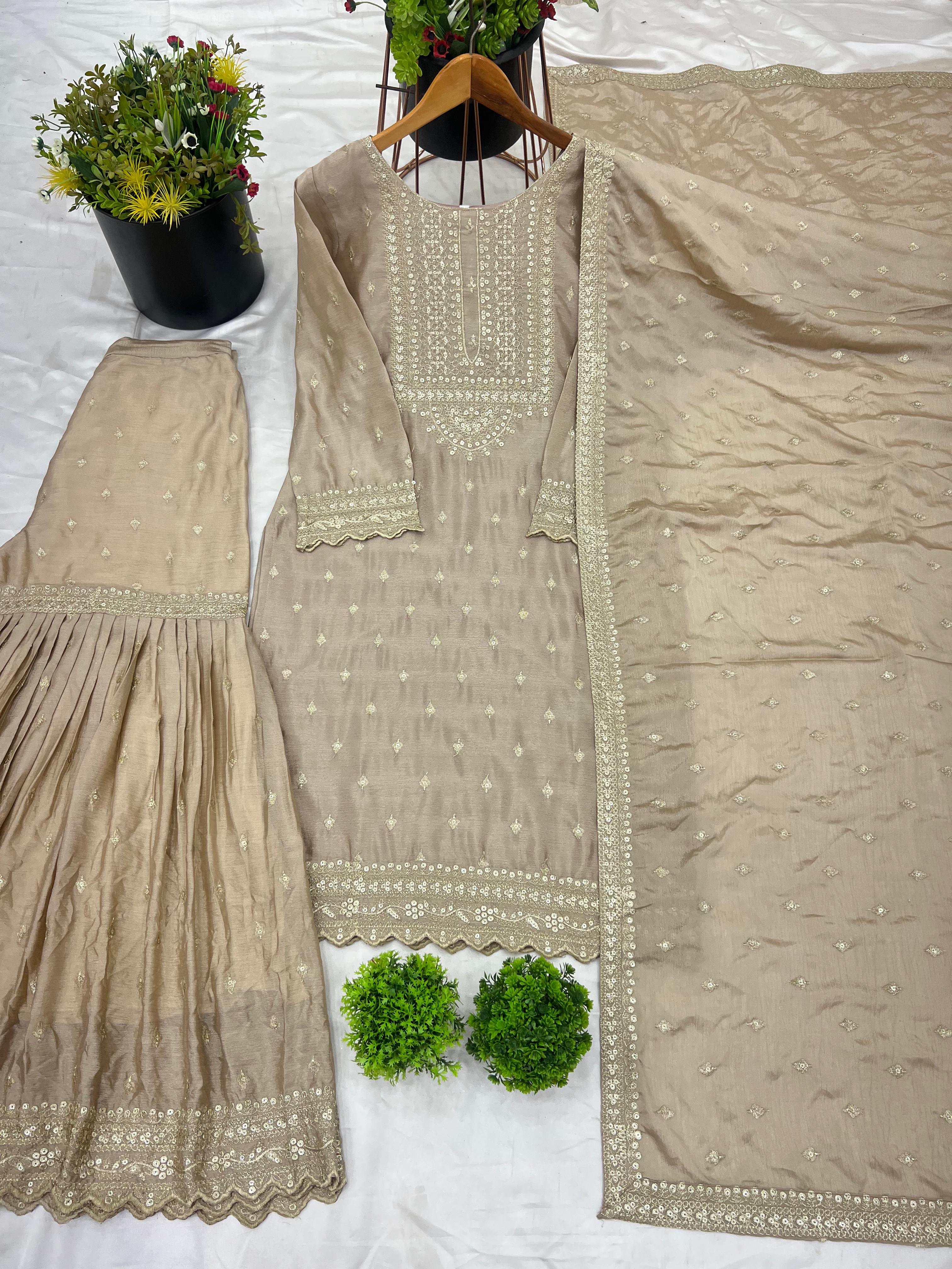 Designer Chinon Silk Embroidered Sharara Set