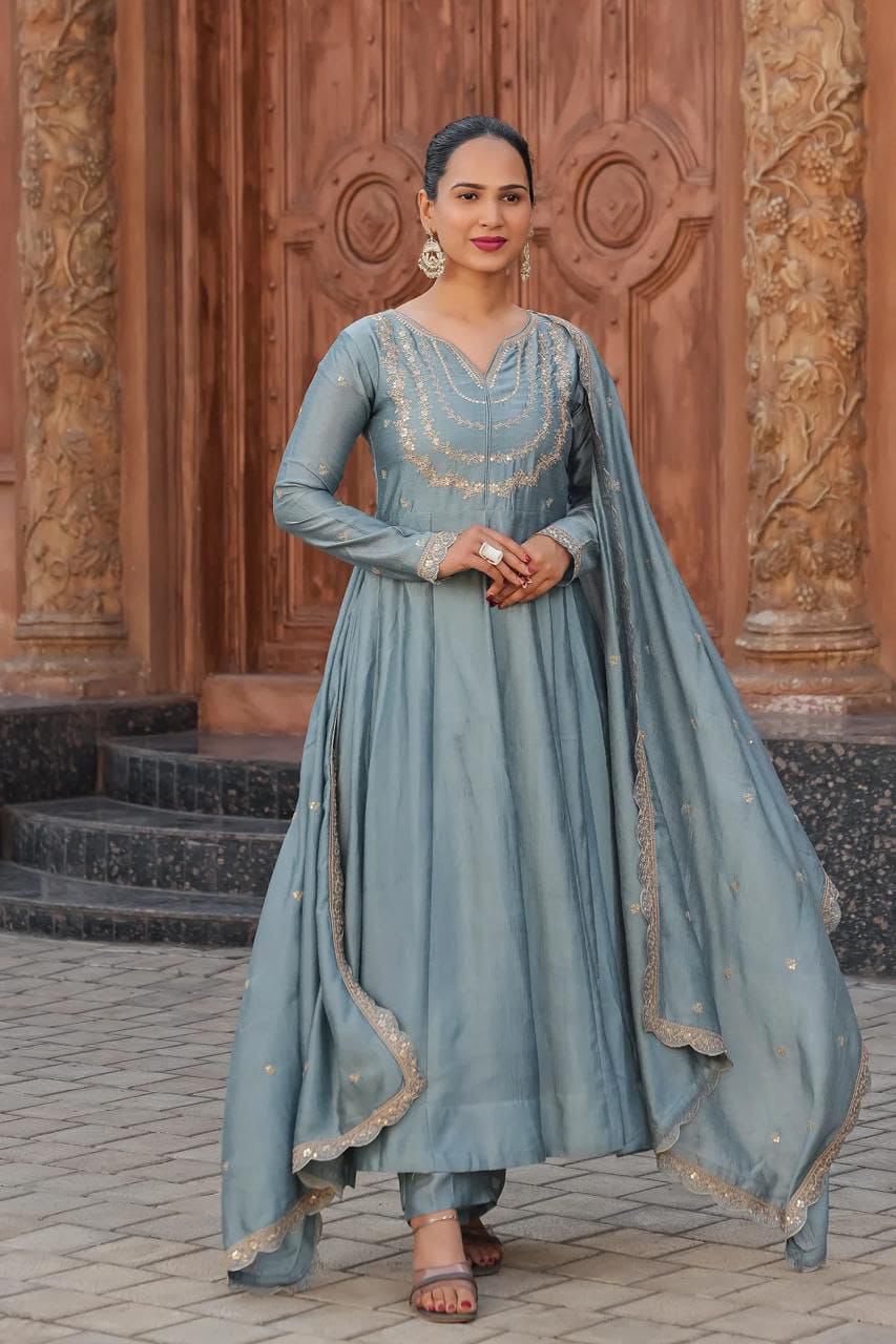 Trendy Designer Anarkali Kurti Pant Set - Vichhitra Silk