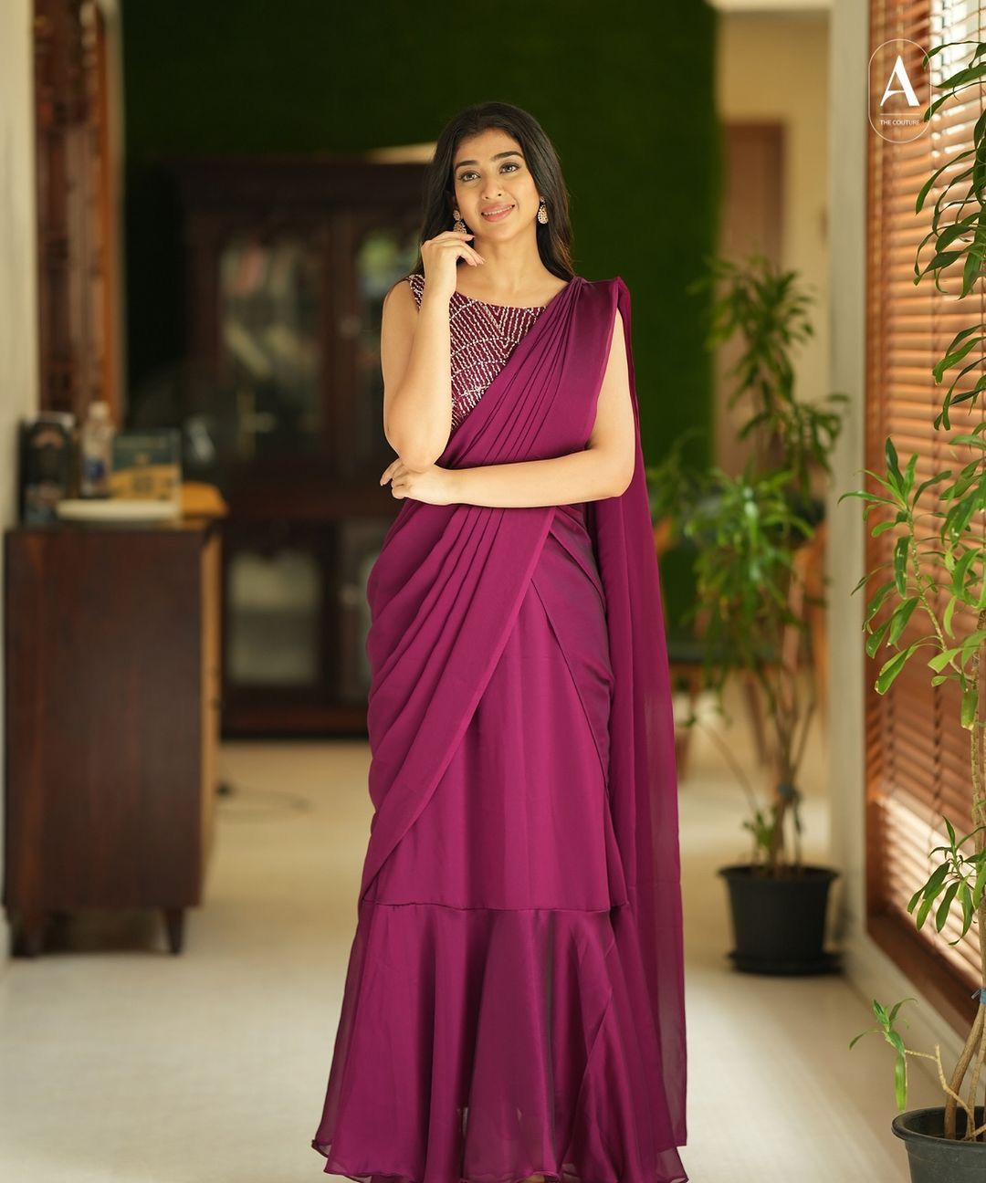 Designer Party Wear Gown Saree with Embroidery Work - Wine