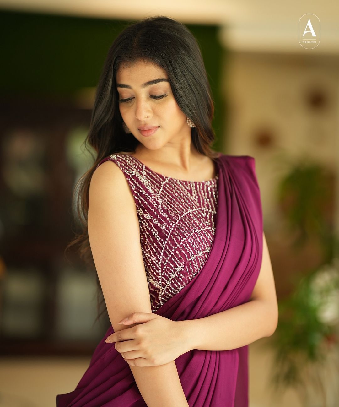 Designer Party Wear Gown Saree with Embroidery Work - Wine
