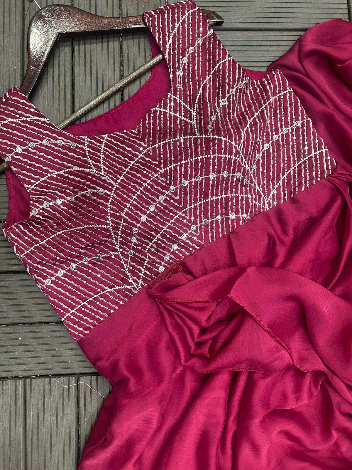 Designer Party Wear Gown Saree with Embroidery Work - Wine