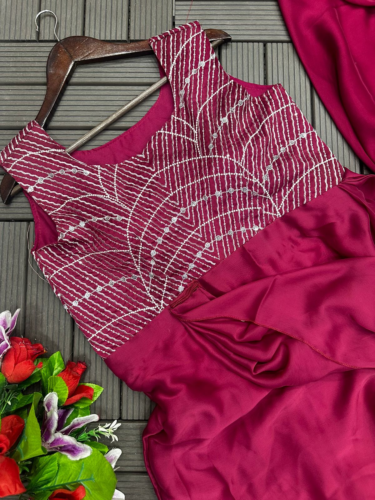 Designer Party Wear Gown Saree with Embroidery Work - Wine
