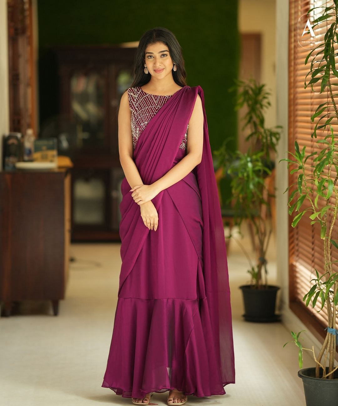 Designer Party Wear Gown Saree with Embroidery Work - Wine