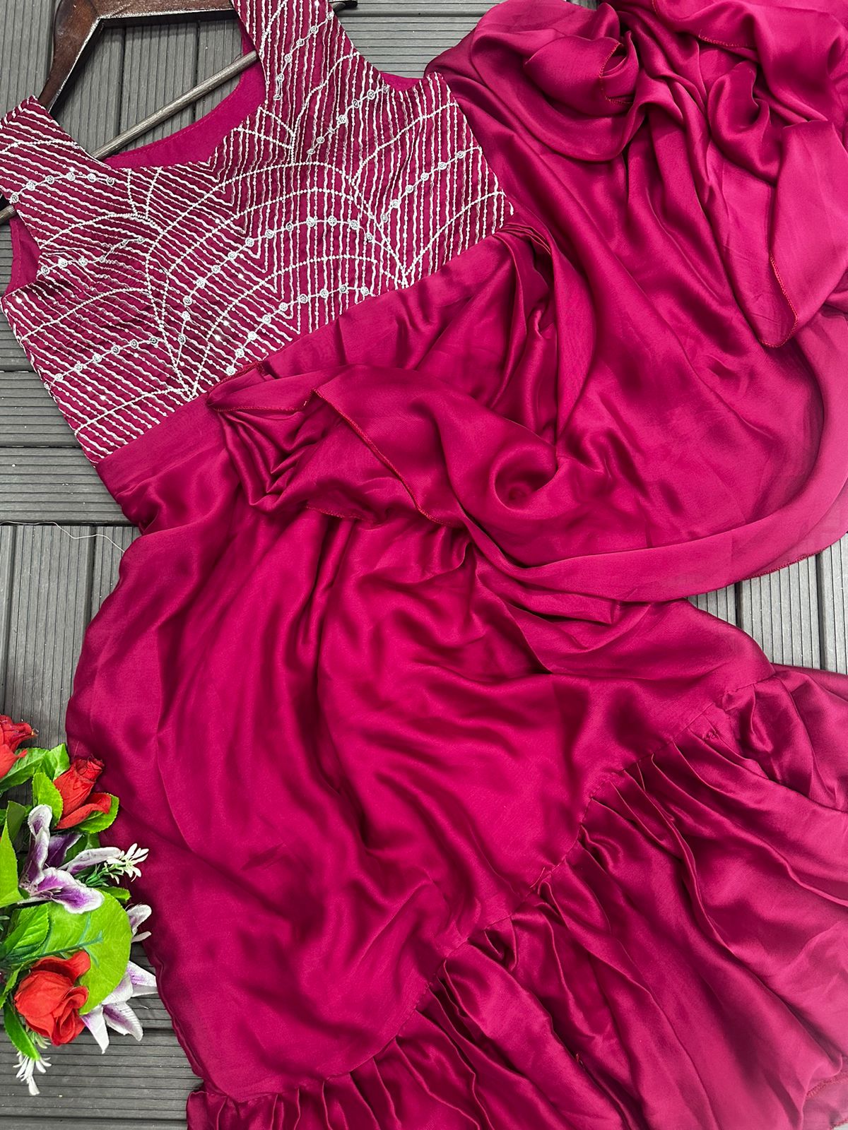 Designer Party Wear Gown Saree with Embroidery Work - Wine