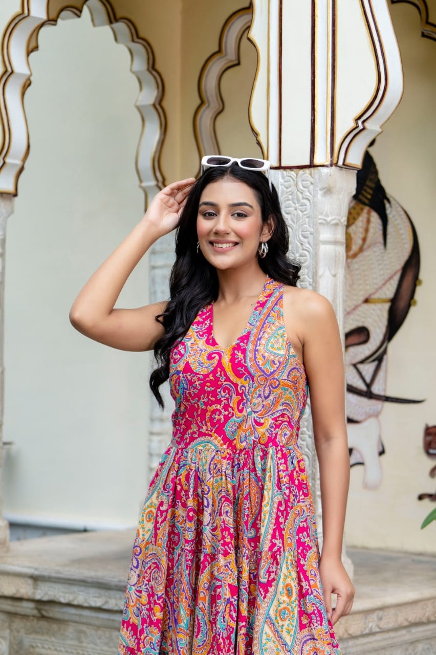 Beautiful Heavy Cotton Printed Pink Full Gown - Multi Colour