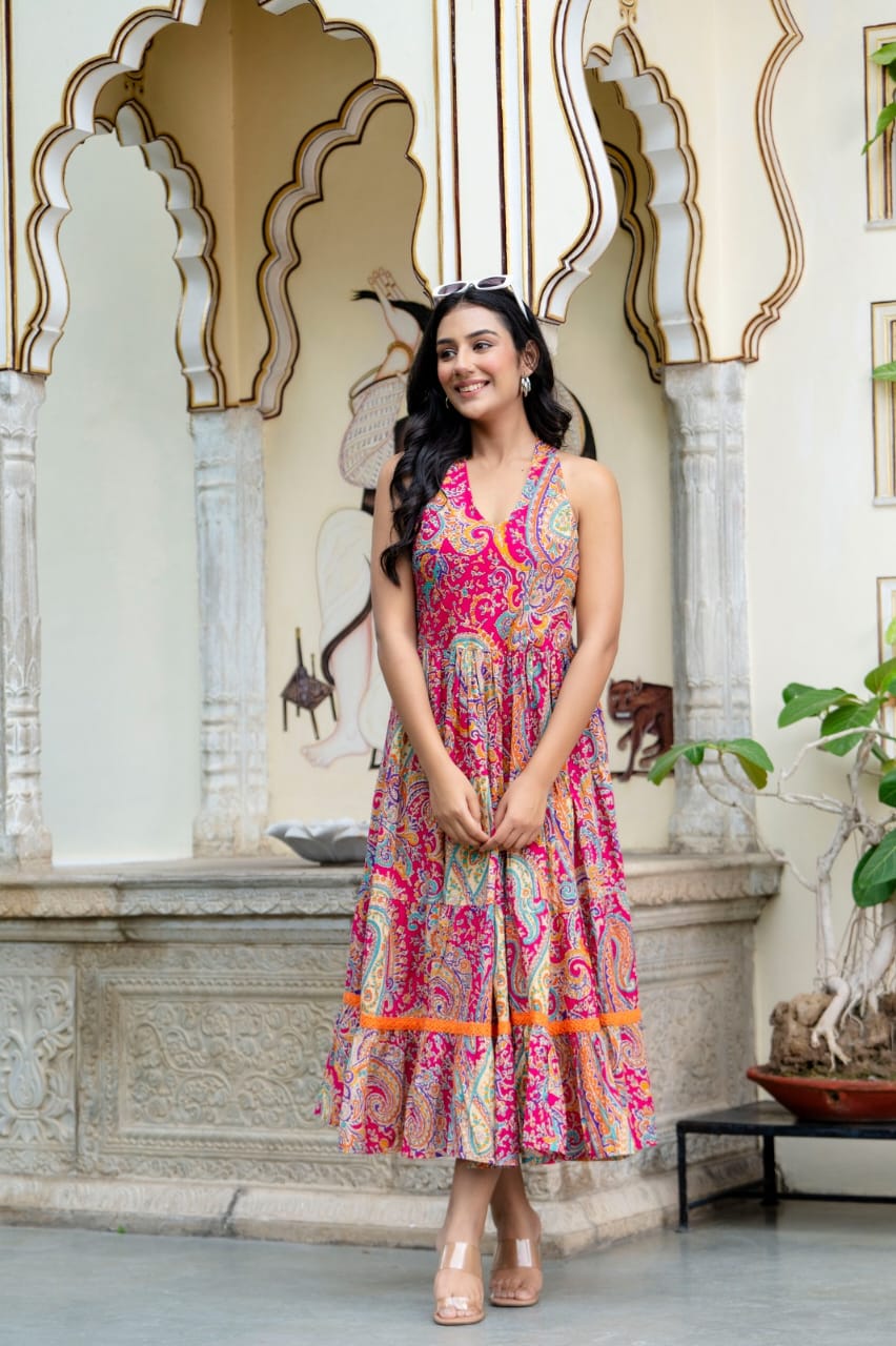 Beautiful Heavy Cotton Printed Pink Full Gown - Multi Colour