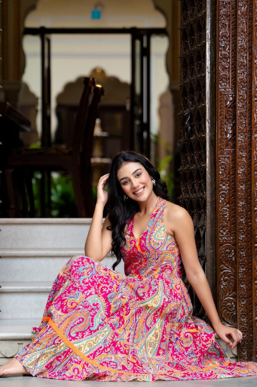 Beautiful Heavy Cotton Printed Pink Full Gown - Multi Colour