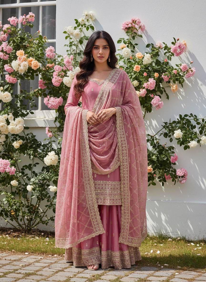 Ready to Wear Pure GMY Silk Embroidered Top, Palazzo & Dupatta Set
