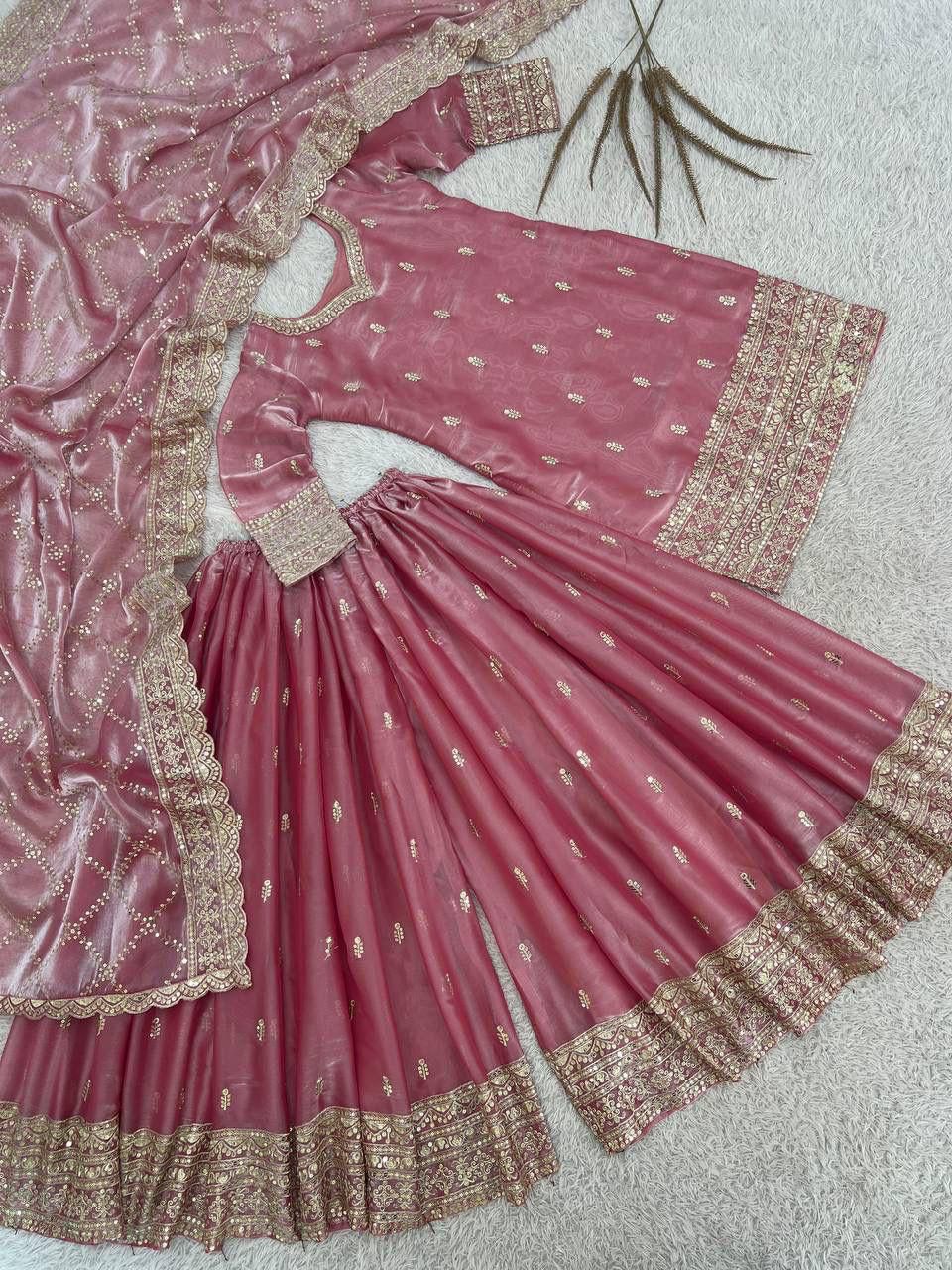 Ready to Wear Pure GMY Silk Embroidered Top, Palazzo & Dupatta Set