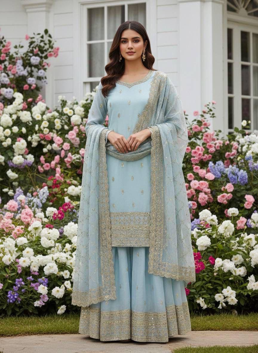 Ready to Wear Pure GMY Silk Embroidered Top, Palazzo & Dupatta Set