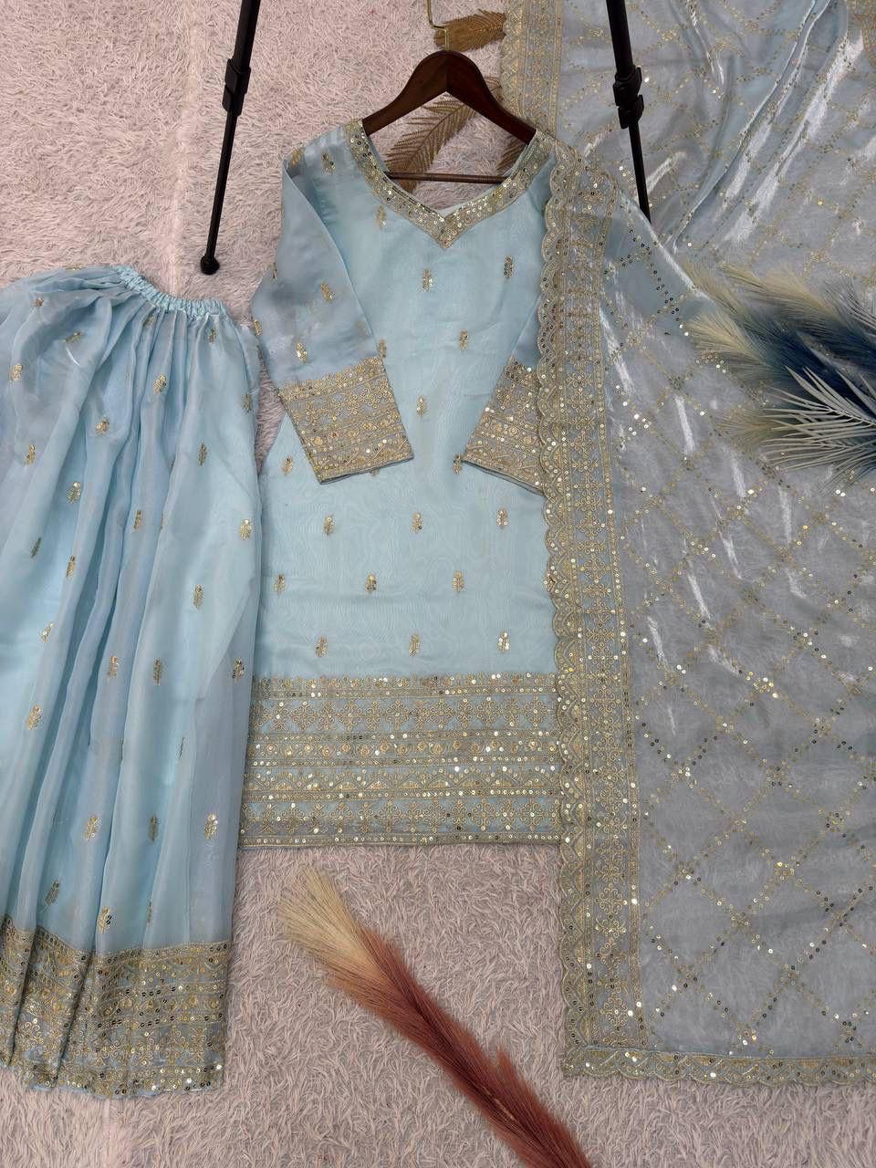 Ready to Wear Pure GMY Silk Embroidered Top, Palazzo & Dupatta Set