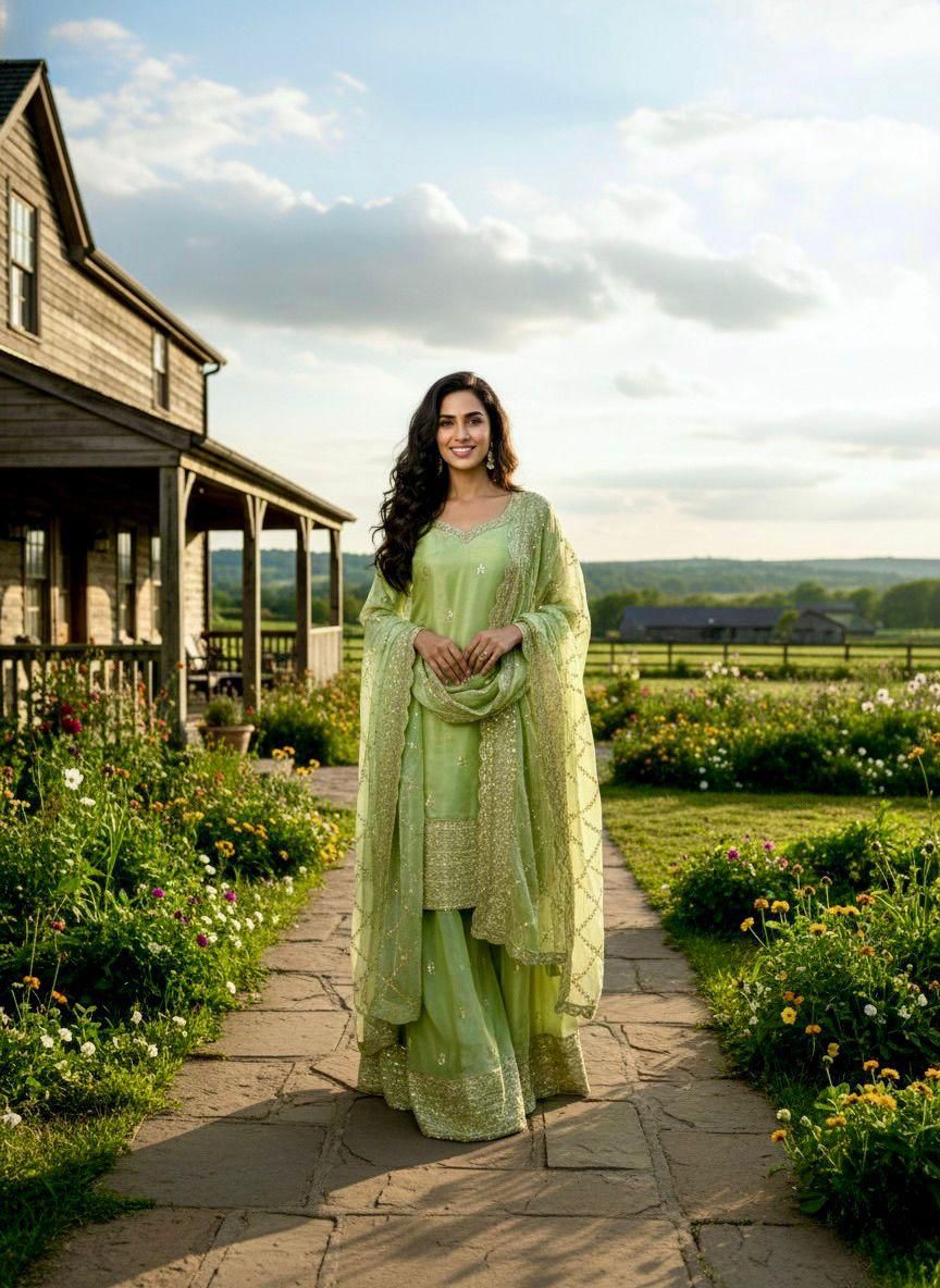 Ready to Wear Pure GMY Silk Embroidered Top, Palazzo & Dupatta Set
