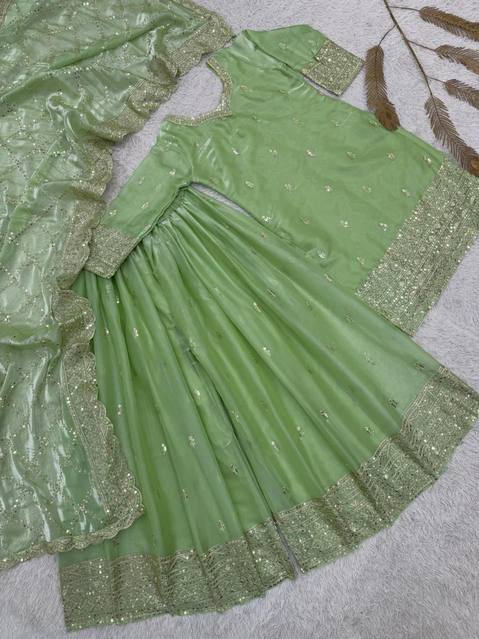 Ready to Wear Pure GMY Silk Embroidered Top, Palazzo & Dupatta Set
