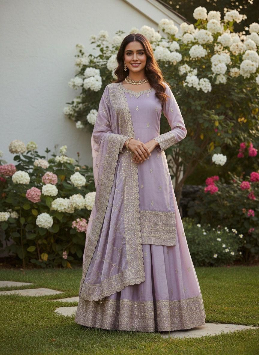 Ready to Wear Pure GMY Silk Embroidered Top, Palazzo & Dupatta Set