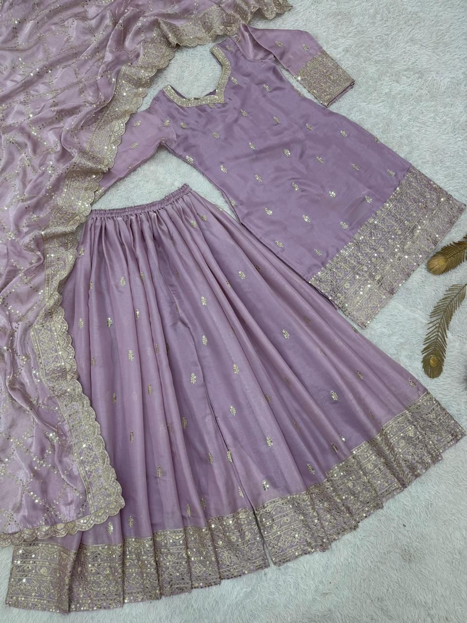 Ready to Wear Pure GMY Silk Embroidered Top, Palazzo & Dupatta Set