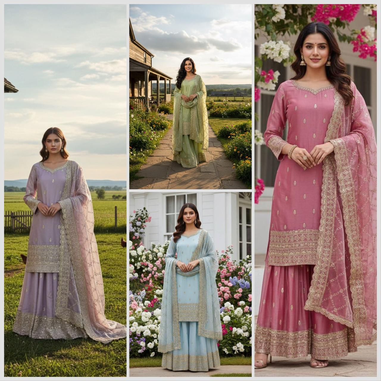 Ready to Wear Pure GMY Silk Embroidered Top, Palazzo & Dupatta Set