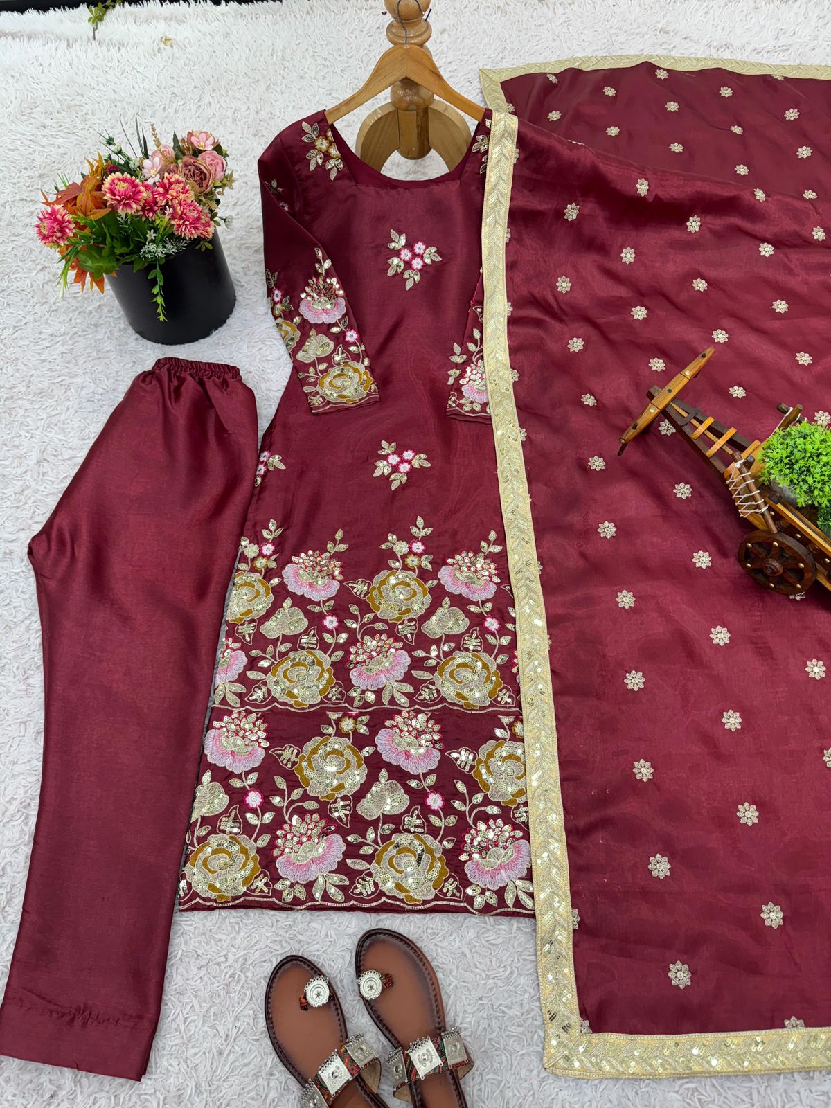 Designer Organza Poly Silk Suit Set - Heavy Embroidery Sequence Work with Dupatta