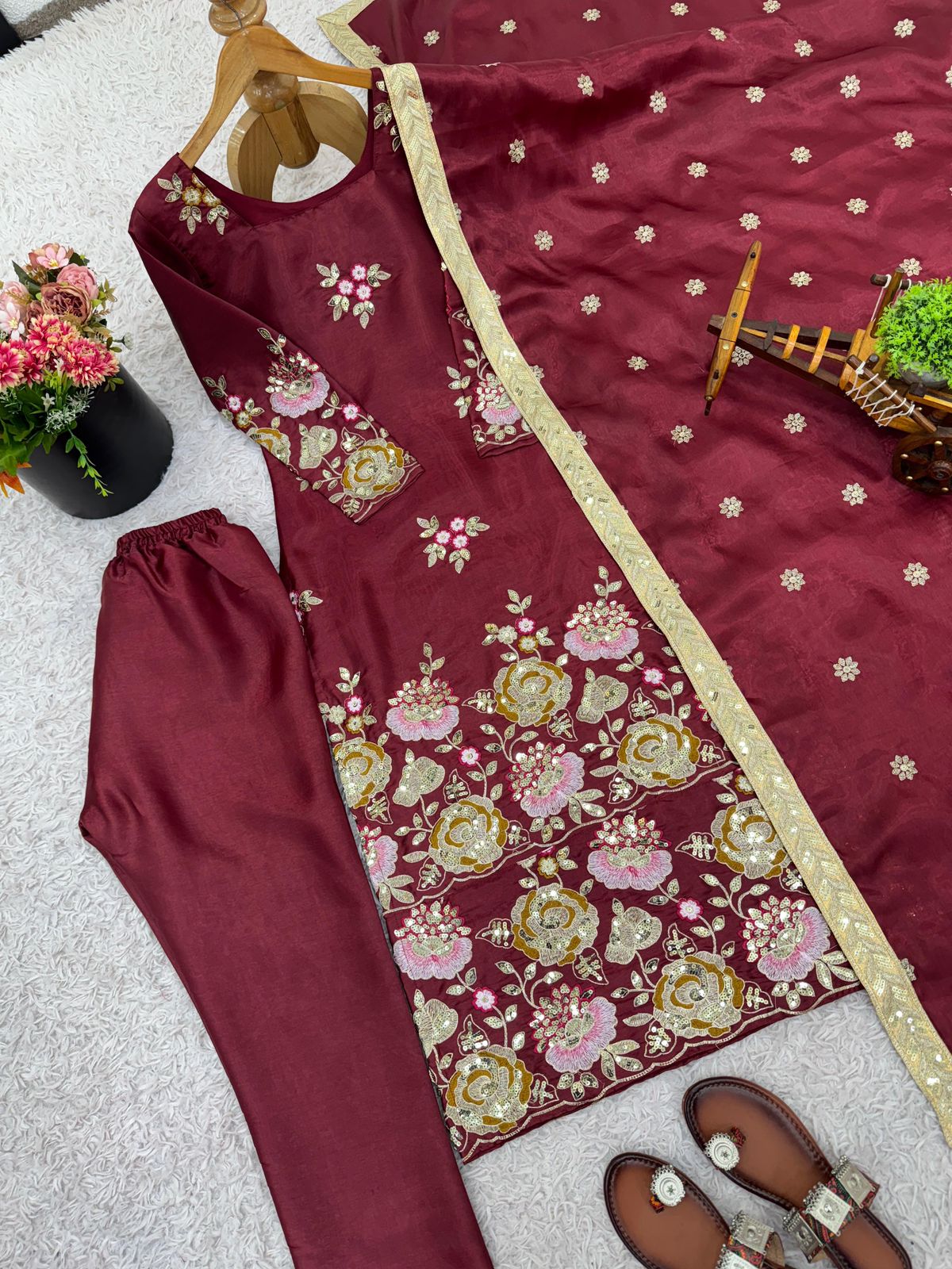 Designer Organza Poly Silk Suit Set - Heavy Embroidery Sequence Work with Dupatta