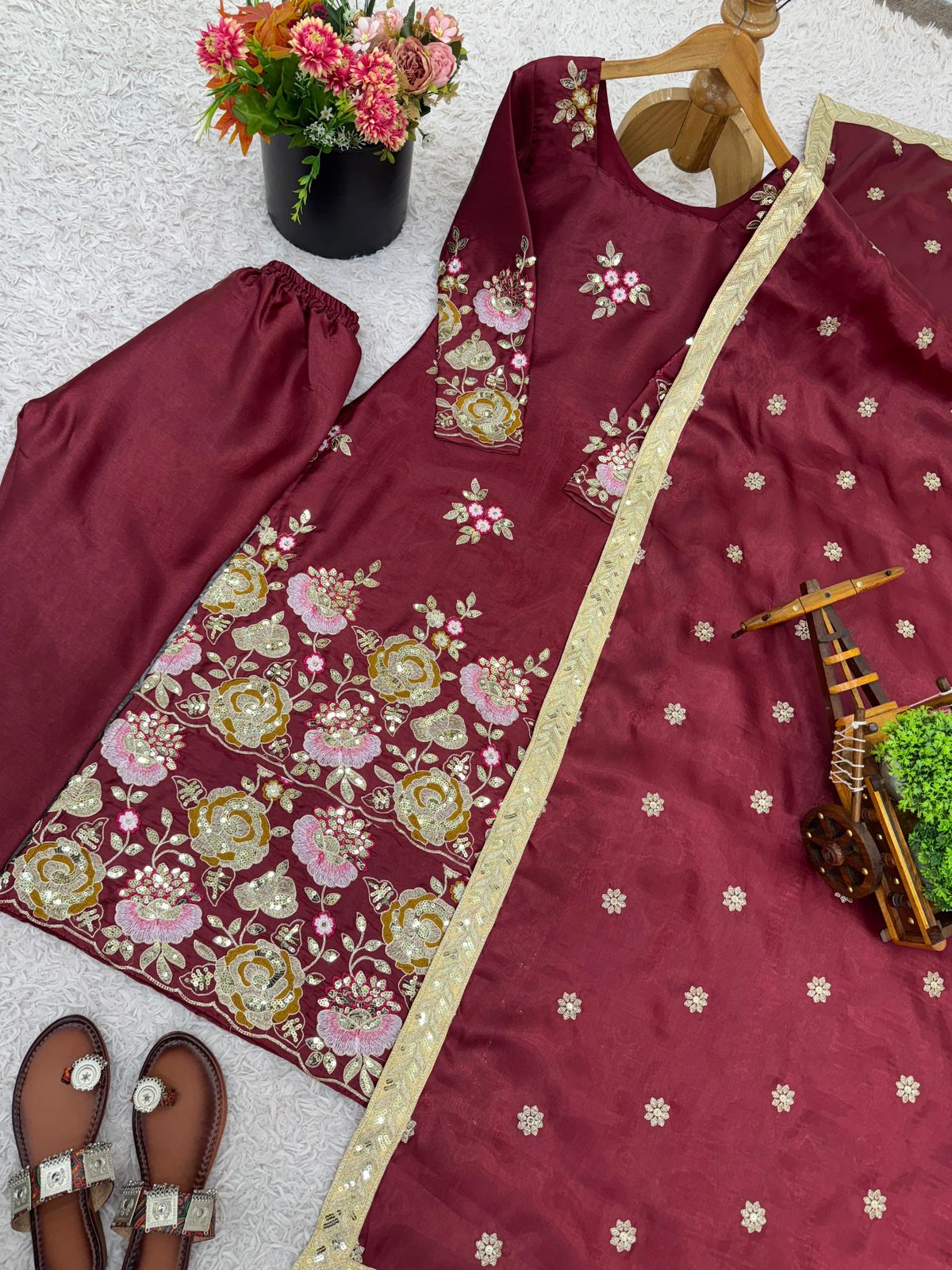 Designer Organza Poly Silk Suit Set - Heavy Embroidery Sequence Work with Dupatta