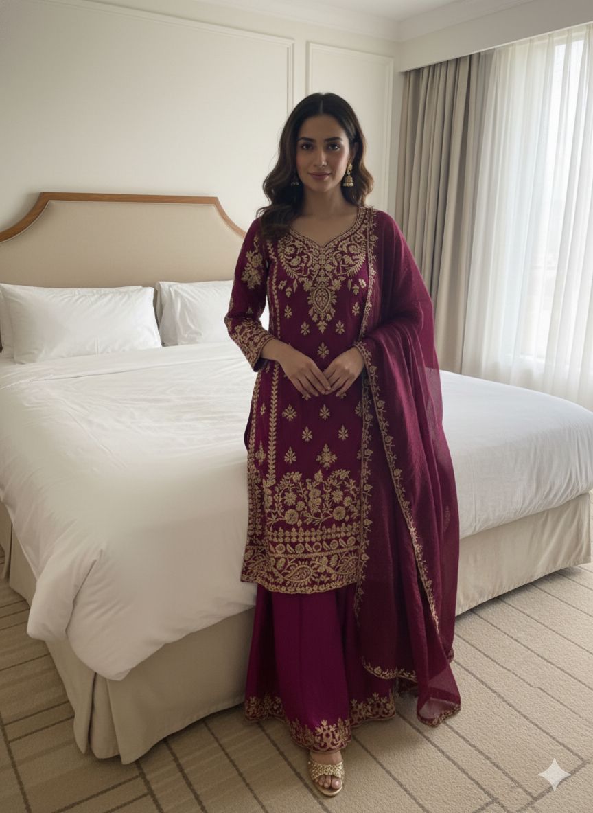 Eid Exclusive Sequence Embroidered Fendi Set - Top, Palazzo & Dupatta