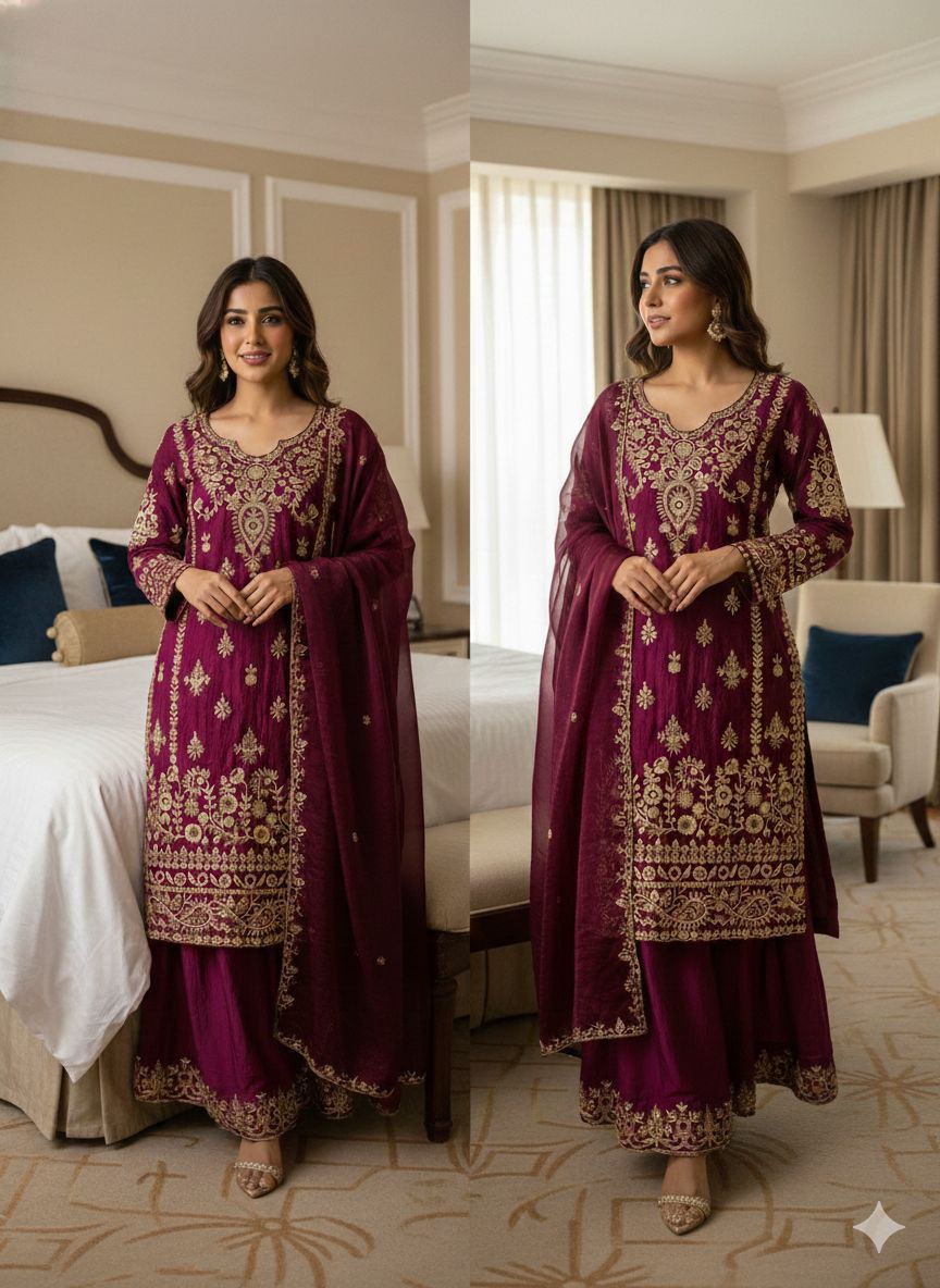 Eid Exclusive Sequence Embroidered Fendi Set - Top, Palazzo & Dupatta