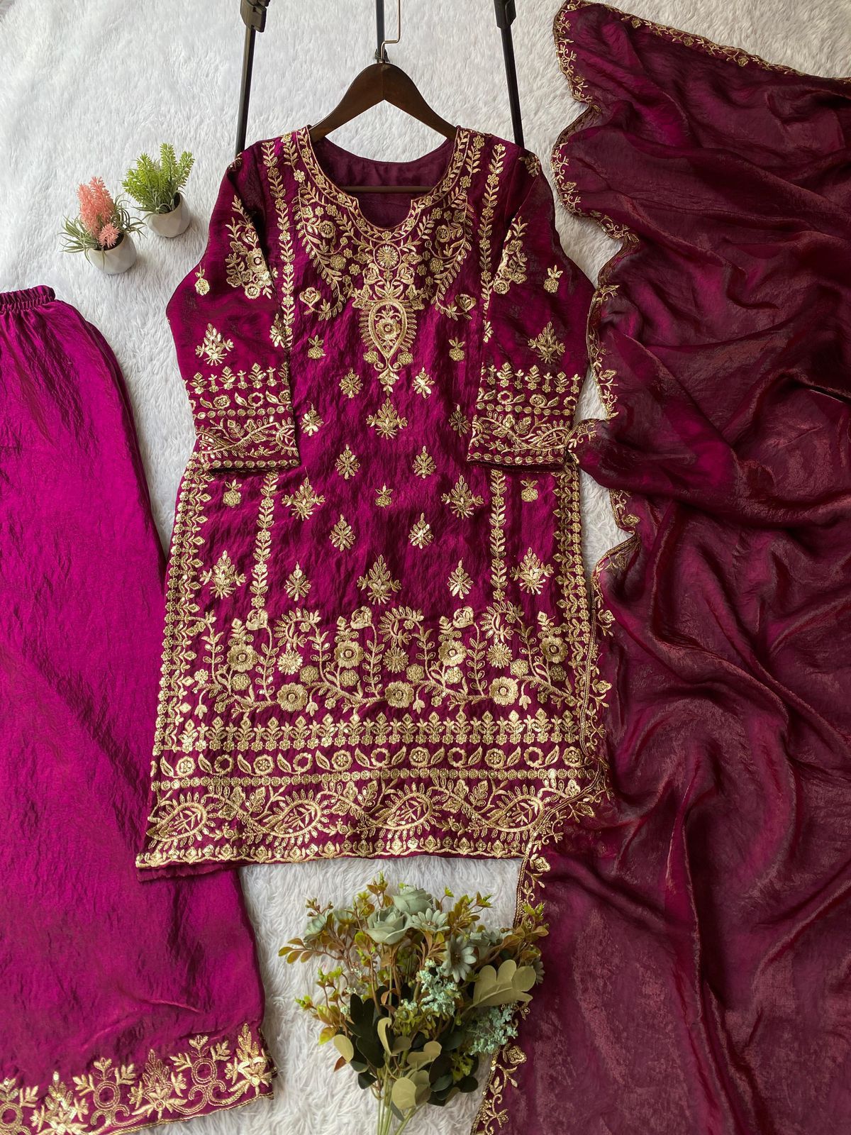 Eid Exclusive Sequence Embroidered Fendi Set - Top, Palazzo & Dupatta