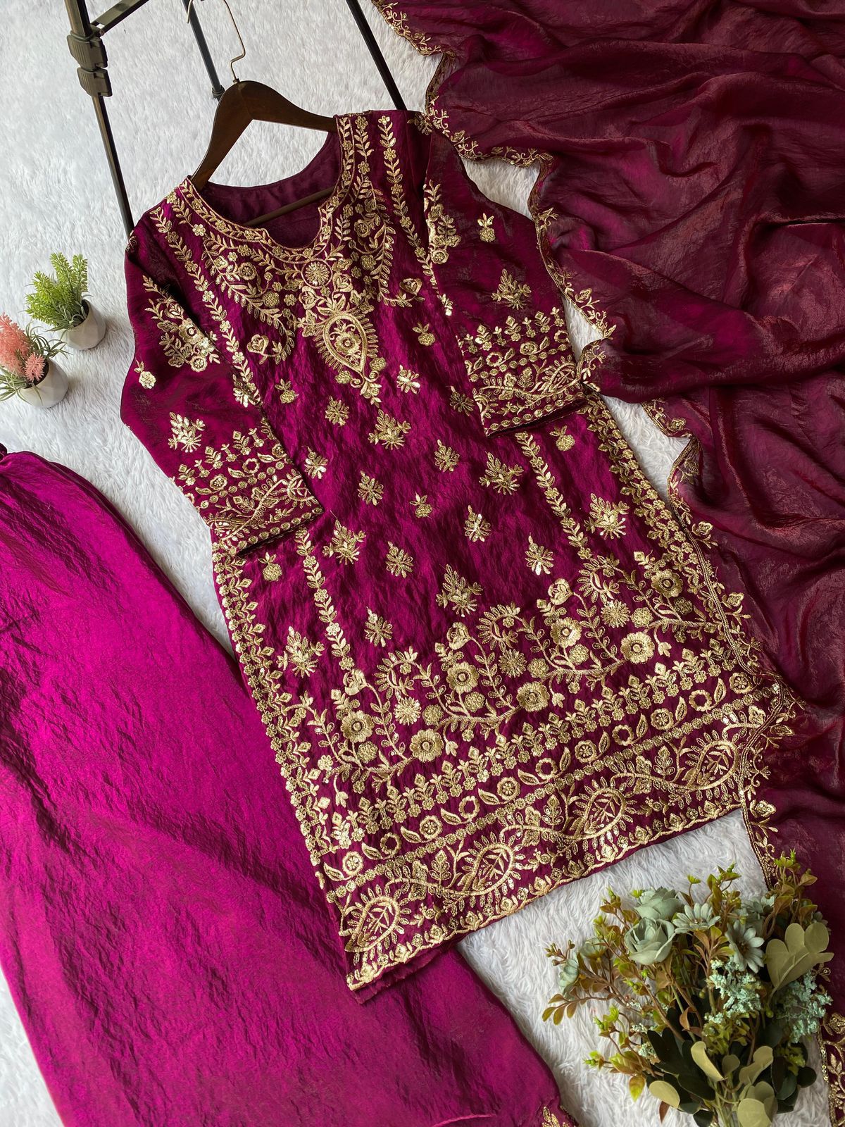 Eid Exclusive Sequence Embroidered Fendi Set - Top, Palazzo & Dupatta