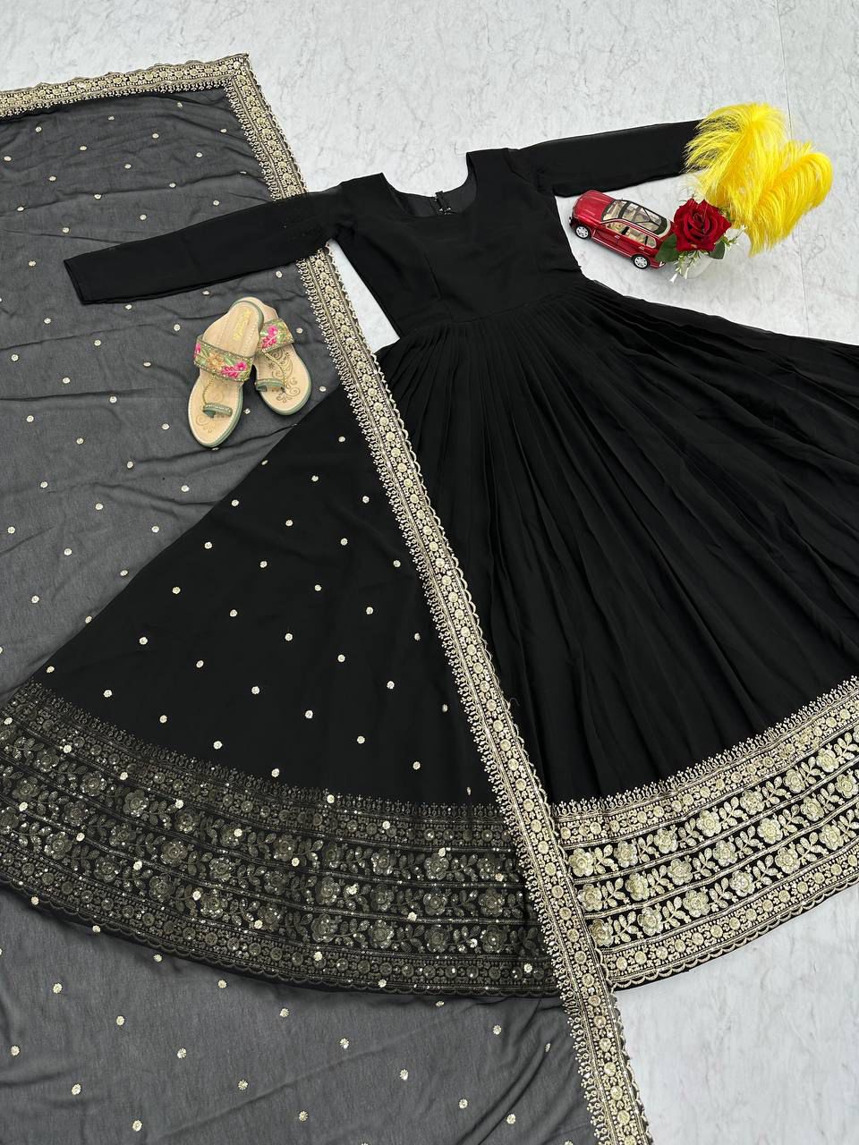 Embroidered Fox Georgette Gown with Dupatta - Premium Quality