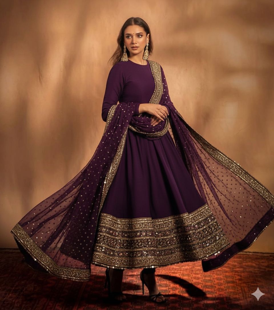 Embroidered Fox Georgette Gown with Dupatta - Premium Quality