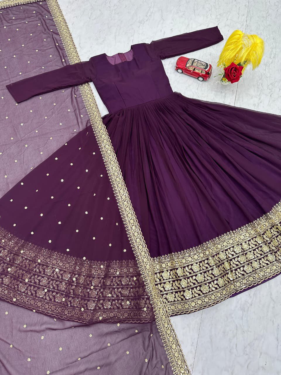 Embroidered Fox Georgette Gown with Dupatta - Premium Quality