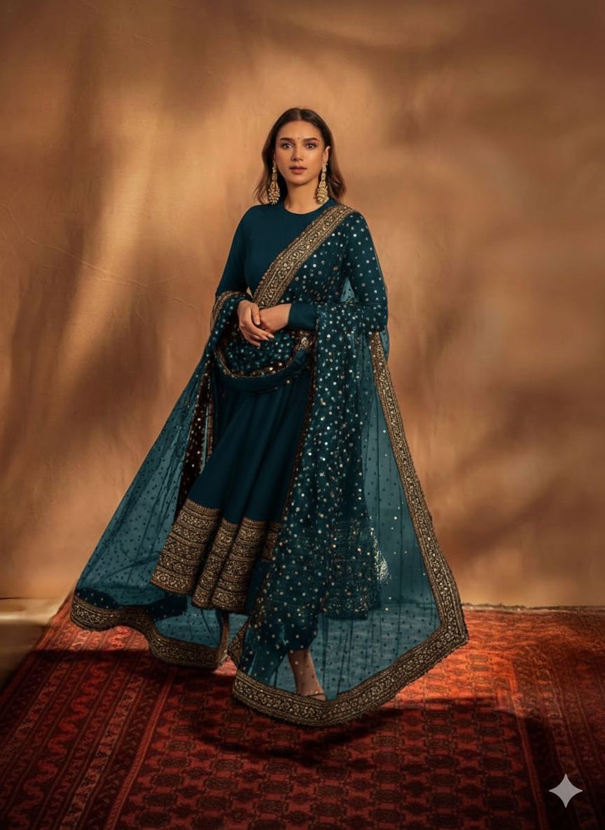 Embroidered Fox Georgette Gown with Dupatta - Premium Quality