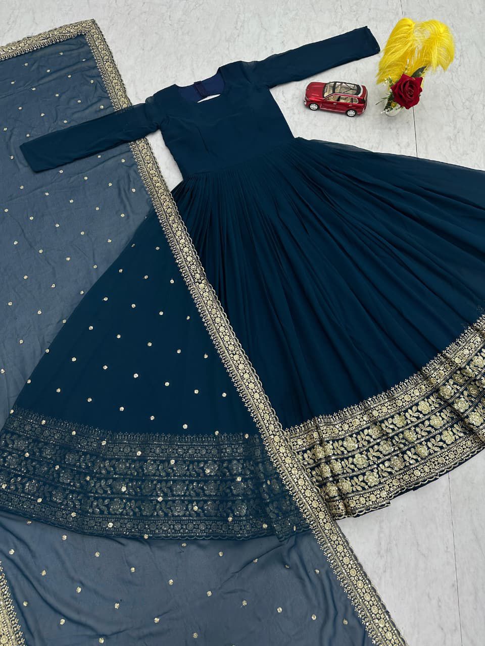 Embroidered Fox Georgette Gown with Dupatta - Premium Quality