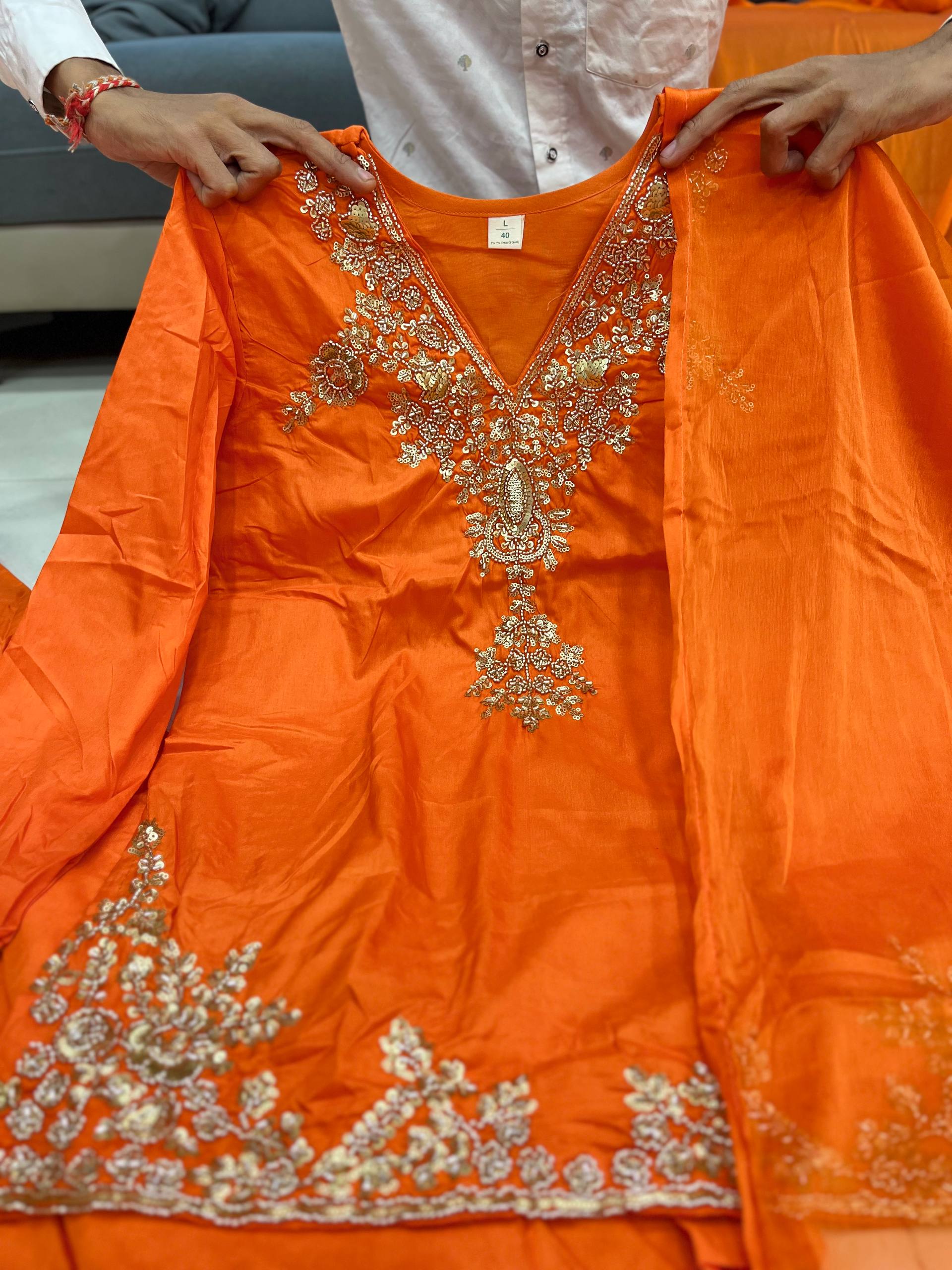 Wedding Special Mul Chanderi Top Palazzo & Dupatta Set