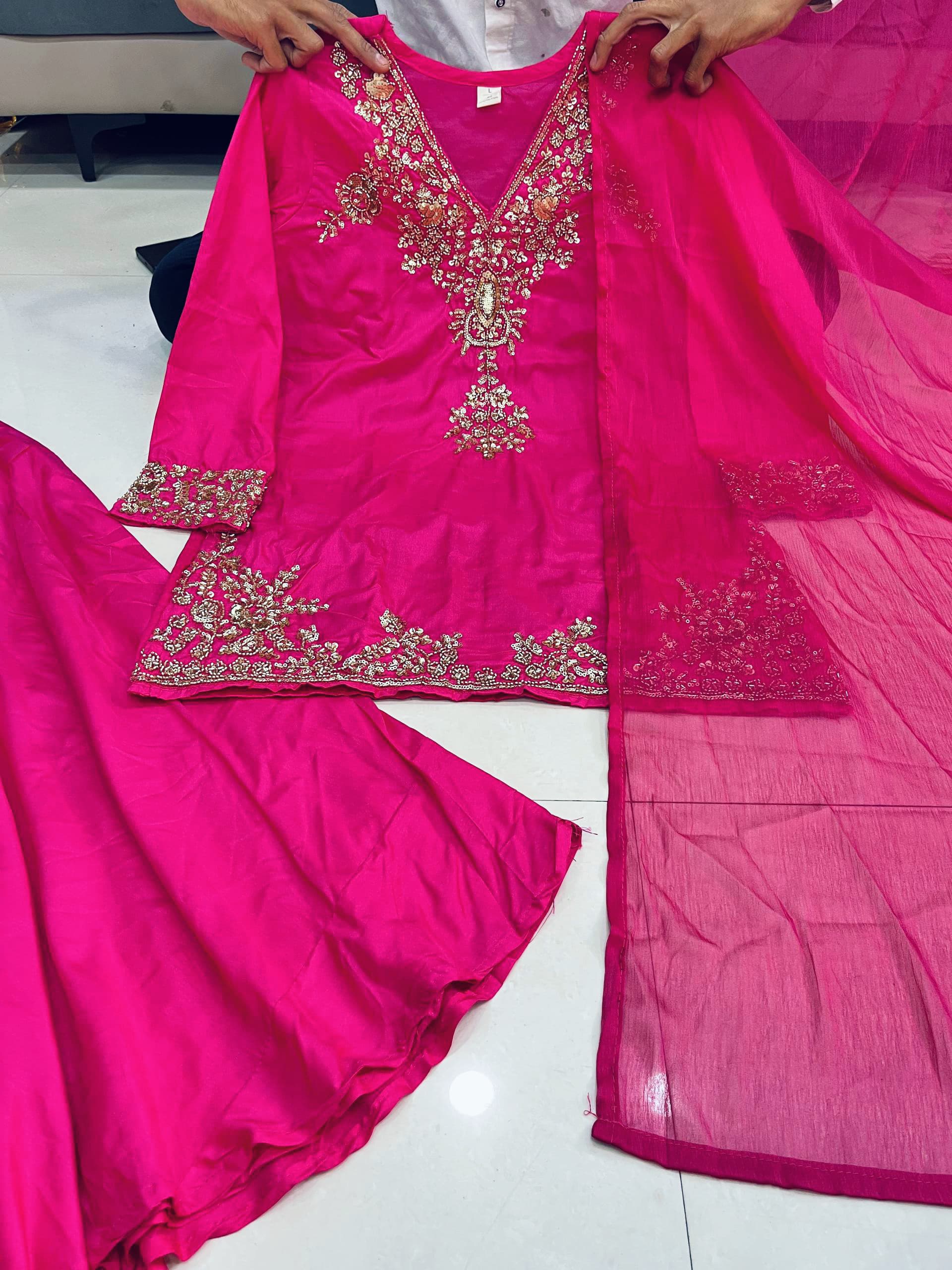 Wedding Special Mul Chanderi Top Palazzo & Dupatta Set