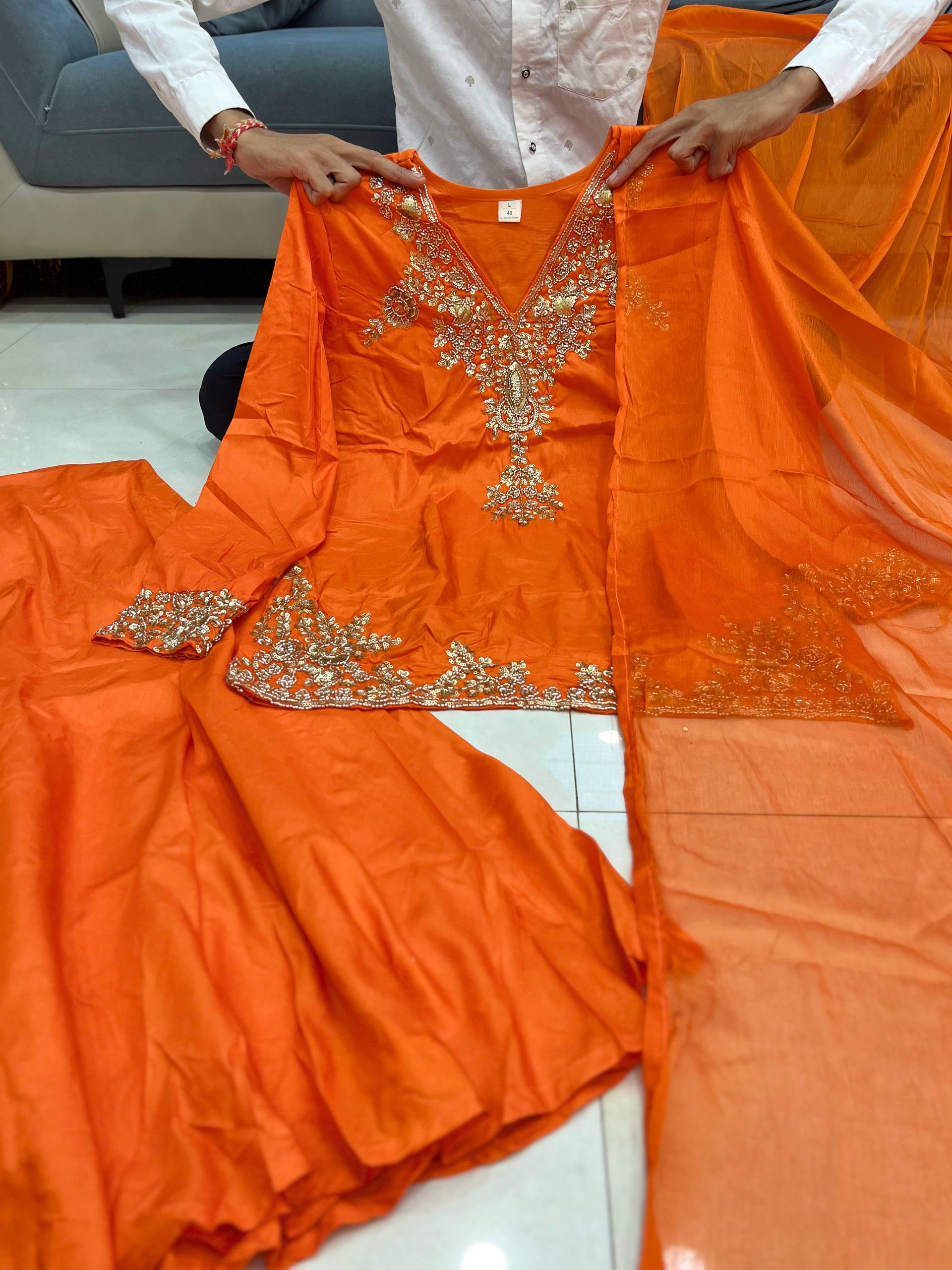 Wedding Special Mul Chanderi Top Palazzo & Dupatta Set