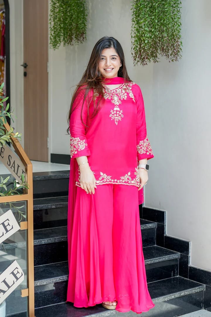Wedding Special Mul Chanderi Top Palazzo & Dupatta Set