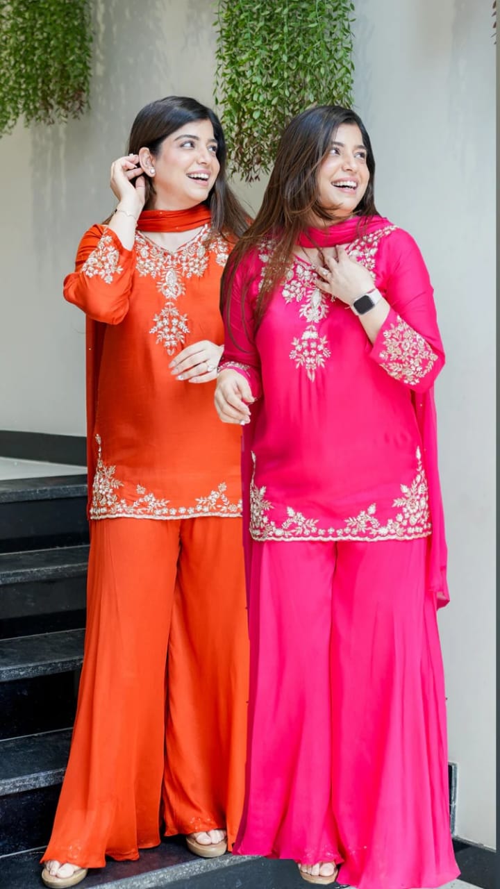 Wedding Special Mul Chanderi Top Palazzo & Dupatta Set