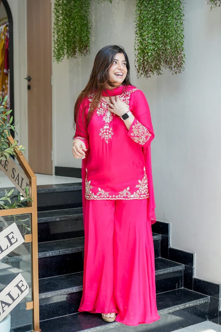 Wedding Special Mul Chanderi Top Palazzo & Dupatta Set