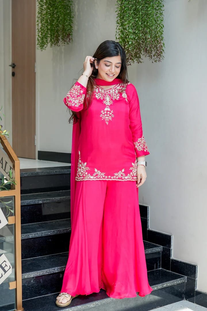 Wedding Special Mul Chanderi Top Palazzo & Dupatta Set