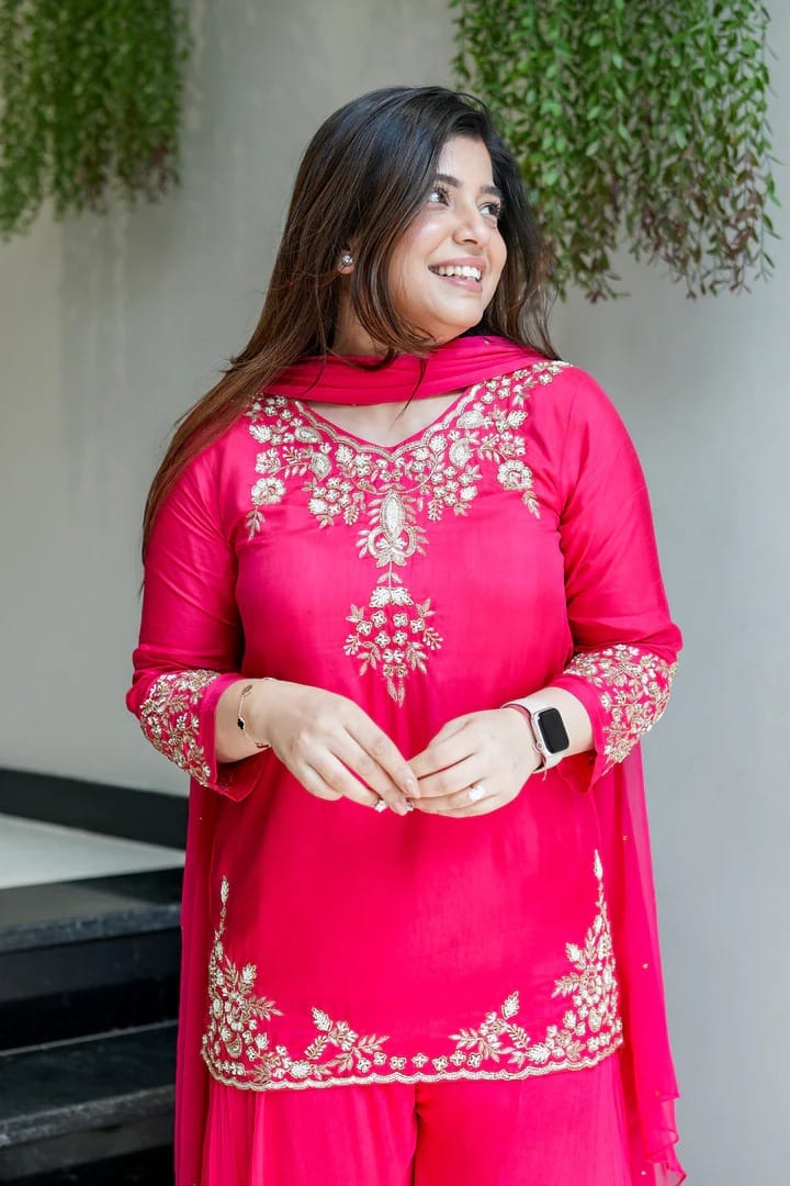 Wedding Special Mul Chanderi Top Palazzo & Dupatta Set